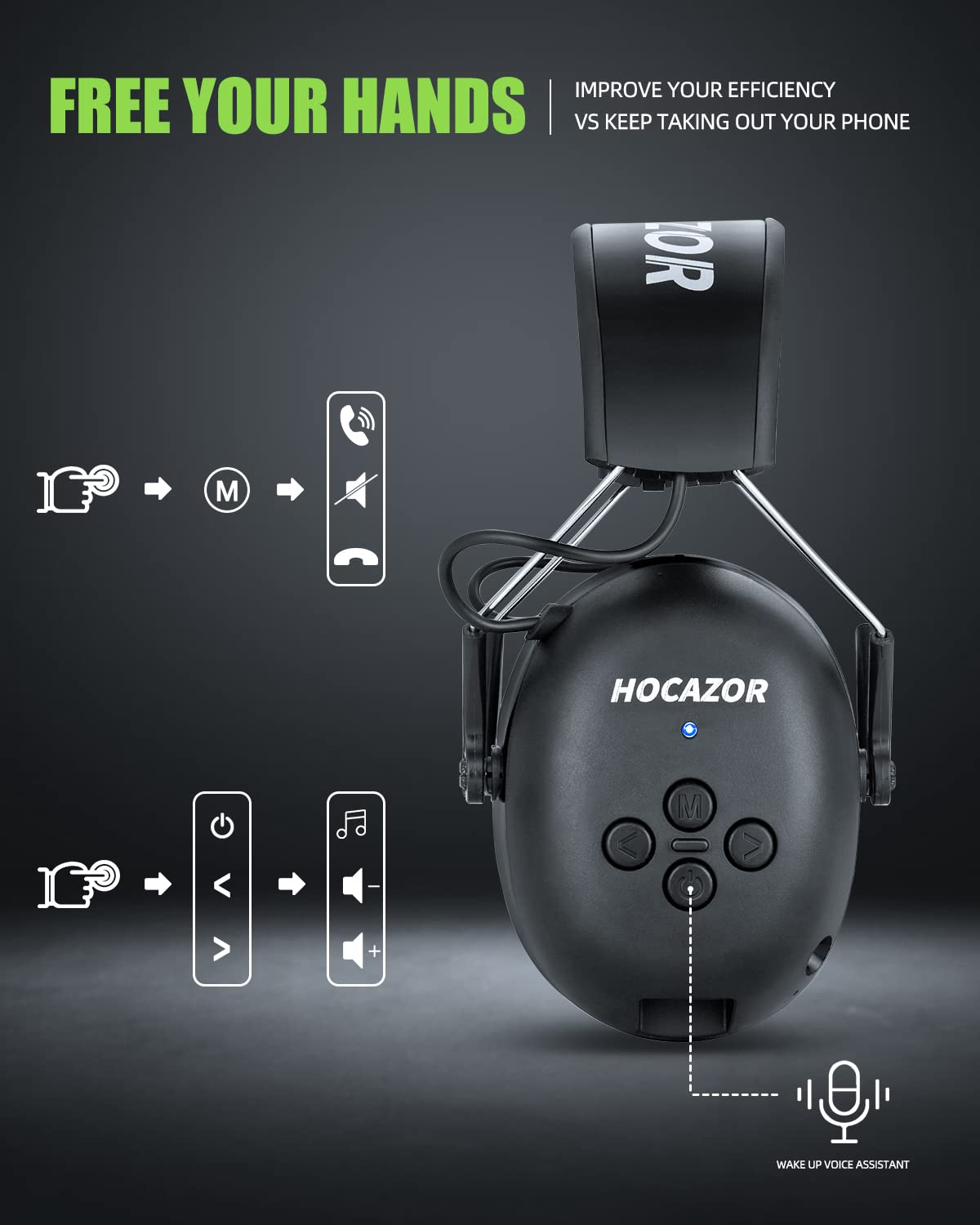 Hocazor HZ07 Bluetooth 5.3 Hearing Protection - Built-in 1500 mAh Rechargeable Battery Noise Cancelling Earmuffs NRR 25dB for Workshops, Green