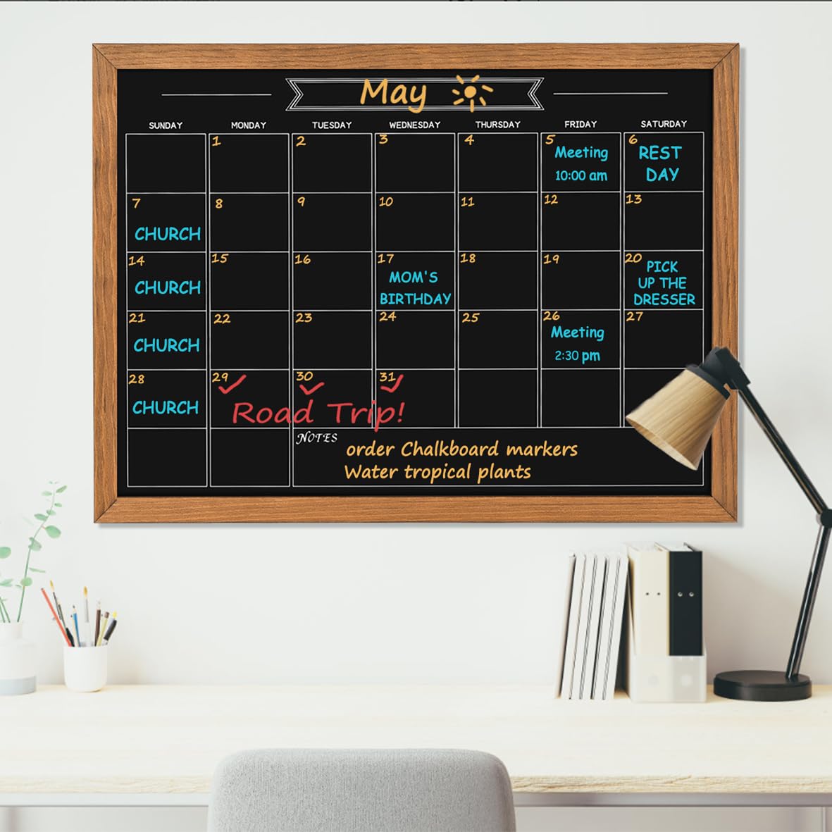 Umtiti Calendar Chalkboard, 23.6" * 31.5", Magnetic Surface Rustic Brown Solid Pine Wood Frame Chalk Board for Planning/School Timetable/Memo, Hanging Board for Office, School and Home(YLHB-QZ-6080