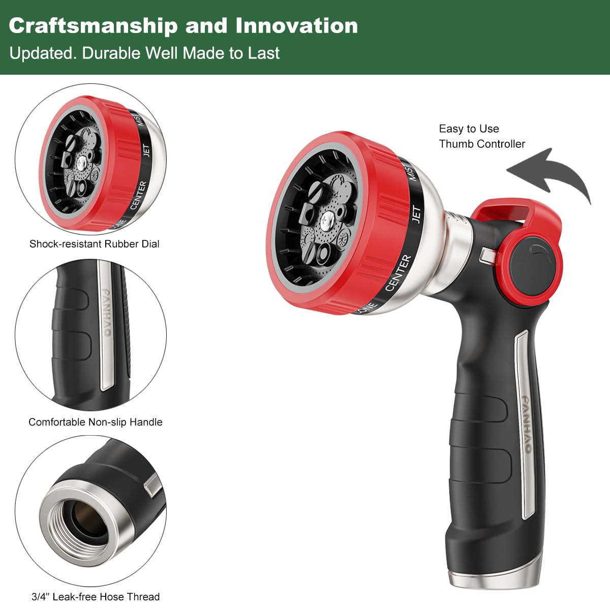 FANHAO Heavy Duty Garden Hose Nozzle, 100% Metal Water Hose Sprayer with 9 Spray Patterns, Thumb Control, On Off Valve, High Pressure Water Nozzle for Lawn/Garden Watering, Car & Pets Washing