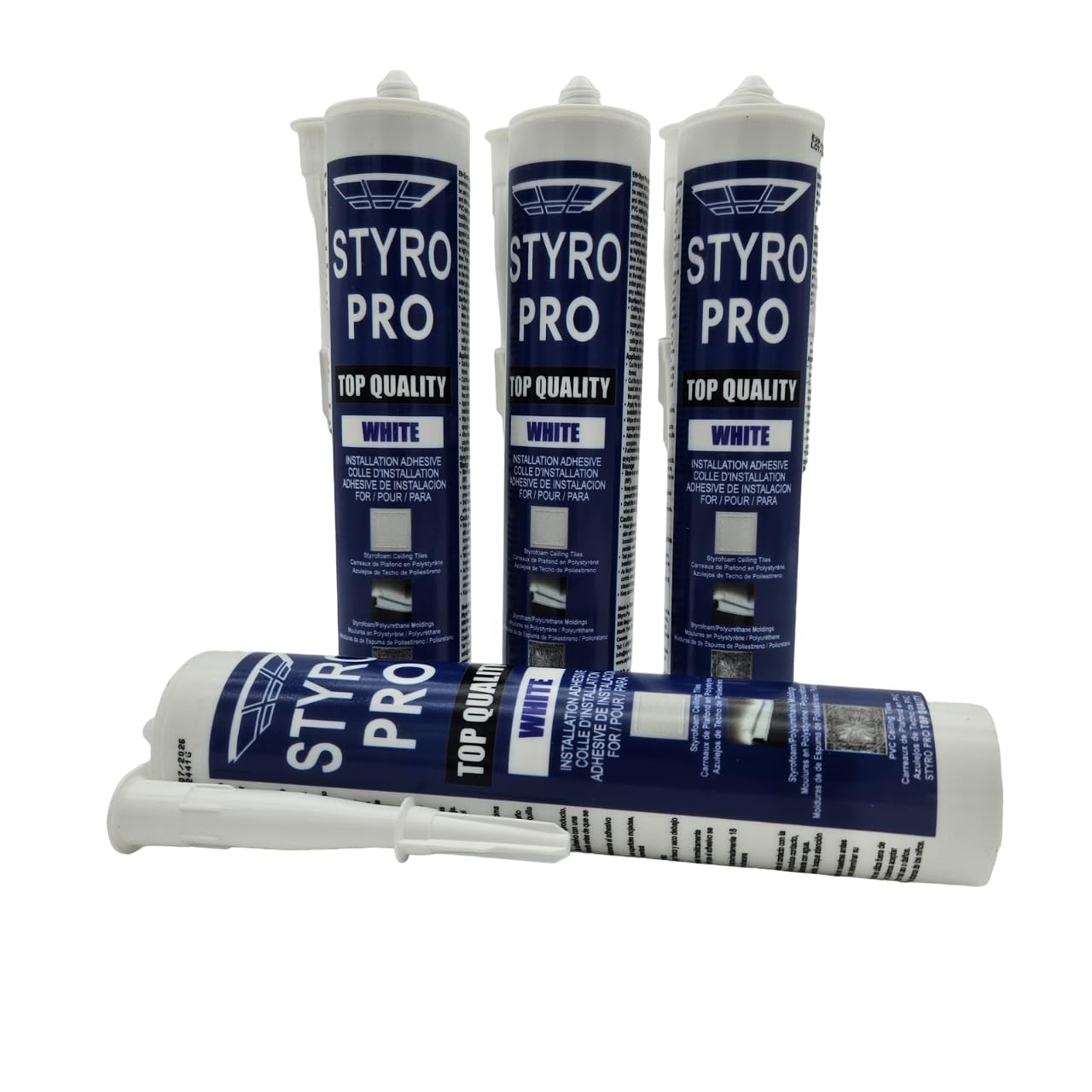 Styro Pro High Strength Water Based Premixed Acrylic Paste Adhesive. Pack of 4 Tubes. Easy to use. Works Great with PVC and Foam Ceiling Tiles. Perfect for Styrofoam Crown moldings.