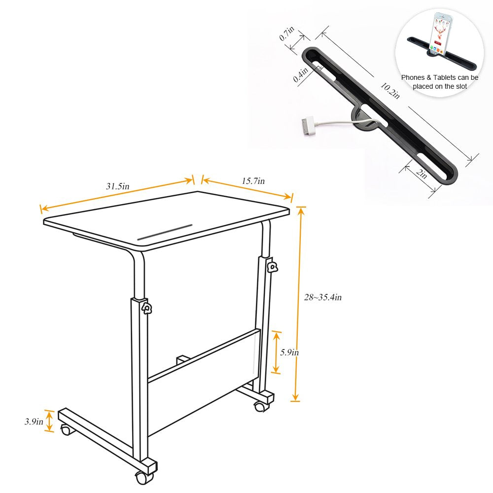 DlandHome Mobile Side Table 31.4 inches with Tablet Slot and Wheels Adjustable Movable Portable Laptop Computer Stand for Bed Sofa, Black 05#3-80B