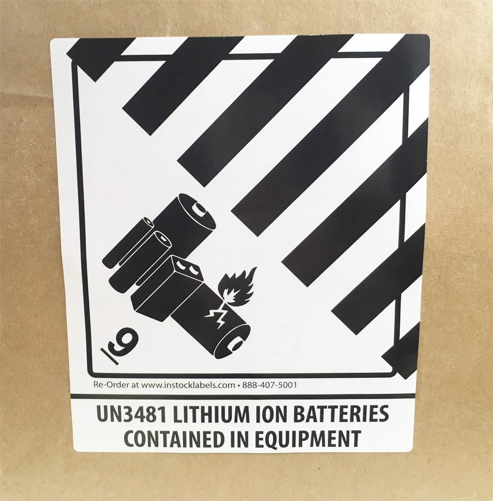 Hazard Class 9 D.O.T. UN3481 Lithium Ion Batteries Contained in Equipment Labels, 4 x 4 3/4 Inch Square Black and White Hazmat Stickers, 500 Adhesive Labels – Made in the USA