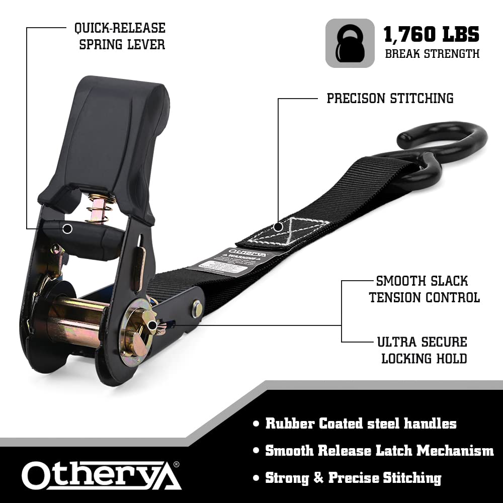 Otherya Ratchet Straps Tie Downs - 4 Pk-15 Ft 1760 Lb Break Strength - Motorcycle Straps Tie Downs, Kayak, Truck, Trailer and Boat Lawn Equipment- Includes 4 Soft Loops （Black）