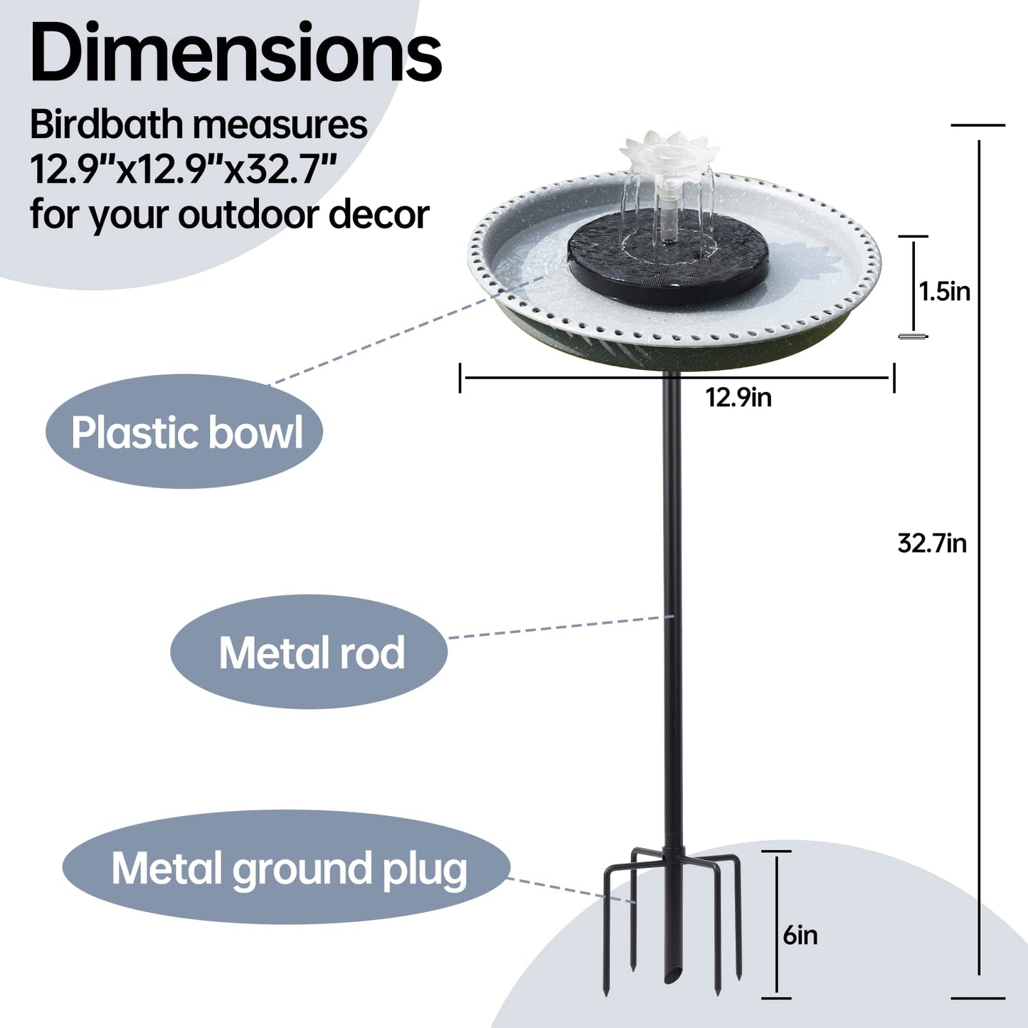 Feemiyo Solar Powered Bird Bath Fountains for Hummingbirds,Stable Stylish Design with 5-Prong Base Metal Stake Bird Baths Fountain for Lawn Patio Yard Garden (Grey)