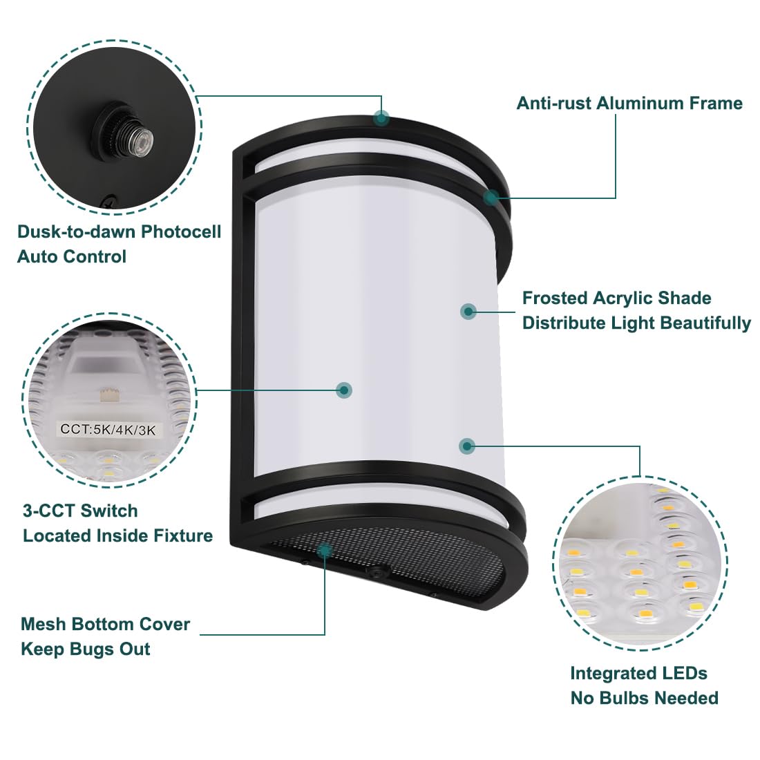 kadision Dusk-to-Dawn LED Wall Sconce, 3000K/4000K/5000K 3-Color Adjustable, 15W 1200lm 120V, Half-Cylinder Outdoor Wall Lights for House, Aluminum Frame, 2-Pack