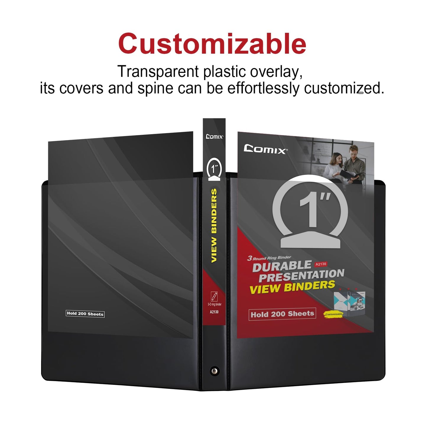 COMIX Sturdy 3 Ring Binder 1 inch with Clear View Cover, 1" Round Ring View Binder, PVC-Free, 2.4mm-Thick, 200 Sheets Capacity of US Letter Size Paper, Office ＆ School Supplies, Pack of 12 (Black)