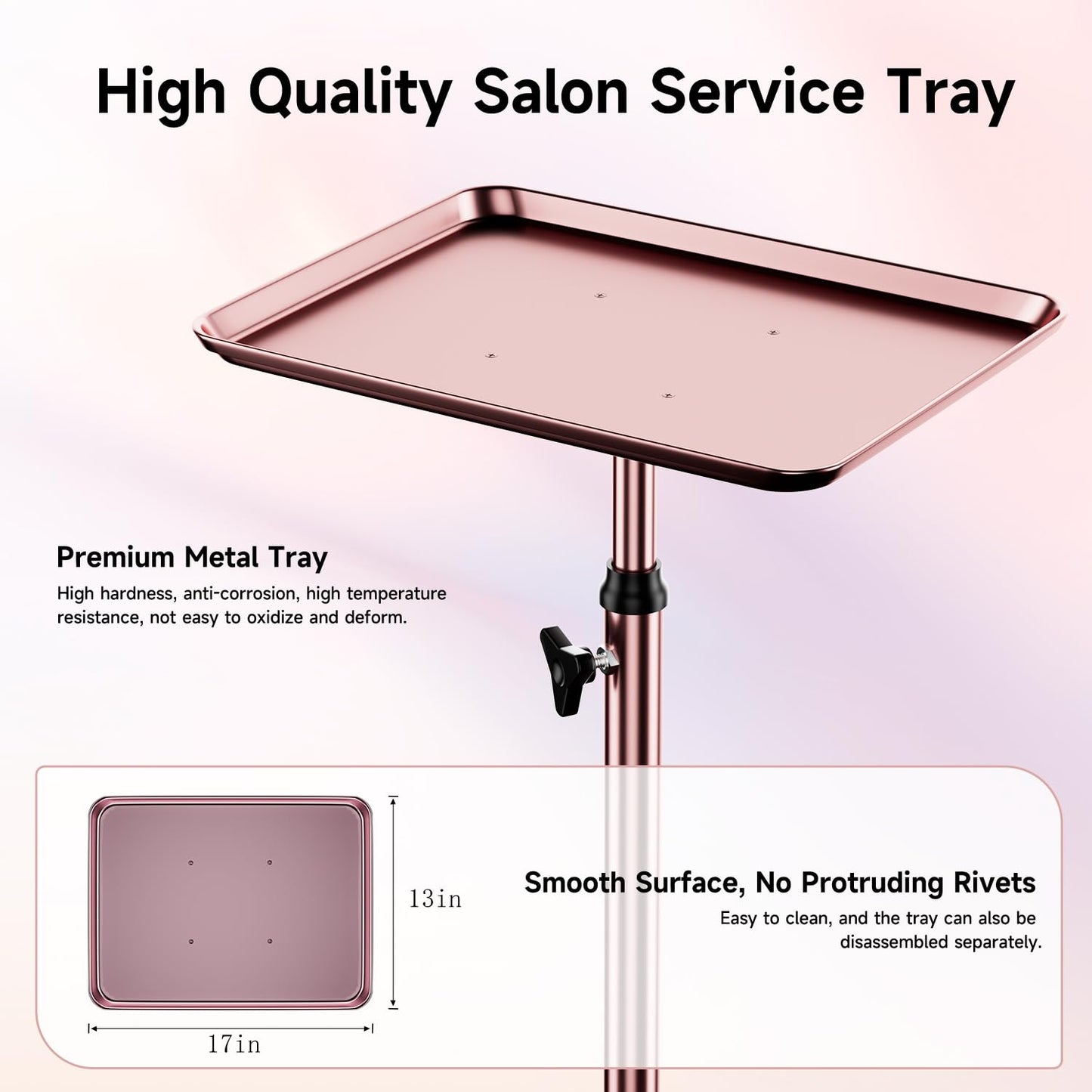 Salon Tray Cart Tattoo Tray Rolling Tray Spa Tray, Dental Tray Height Adjustable, Salon Tray on Wheels Hairstylist Salon Trolley Cart,Rose Gold