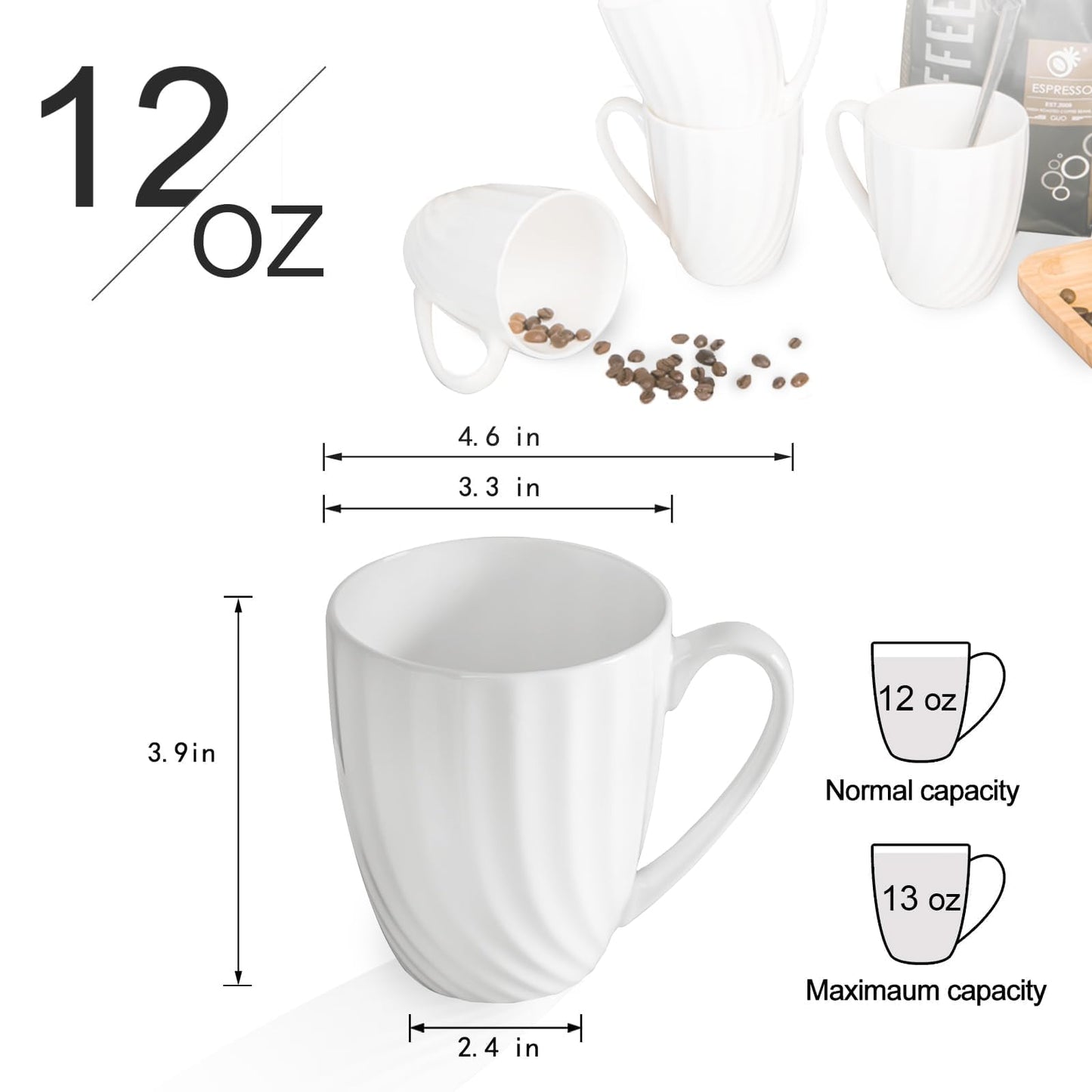 COSTMANCE Fine Bone China White Coffee Mugs Set of 6 (12 oz), Ceramic Spiral Pattern Tea Cups, Thin China Coffee Cups, Lightweight Coffee Mugs for Hot Chocolate, Latte, Cappuccino