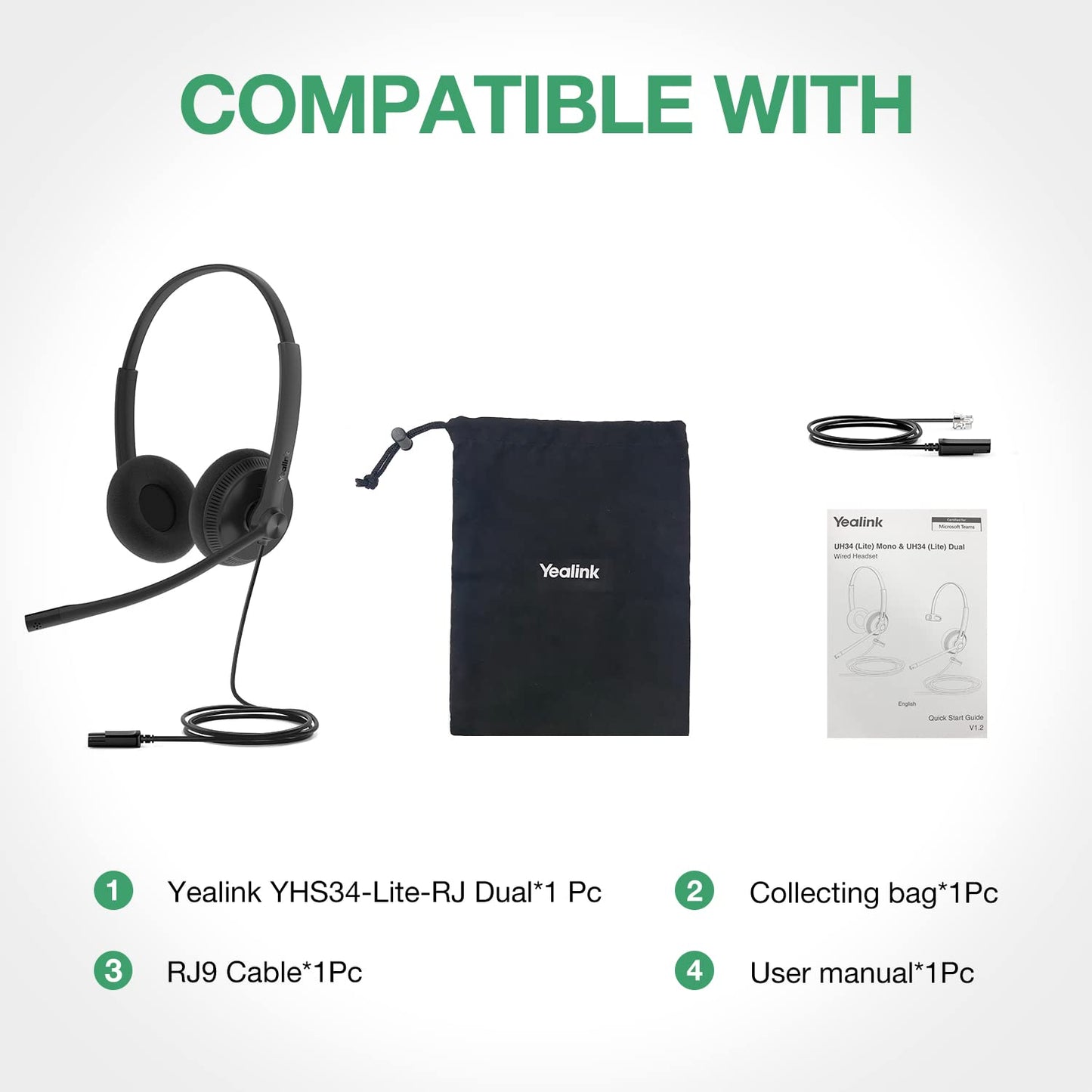 Yealink Phone Headsets for Office Phones YHS34 Lite QD to RJ9 Wired Headset Compatible with Poly Avaya Snom Grandstream Phones Desk Landline Headset with Microphone -Dual/111g/2.1m Cable