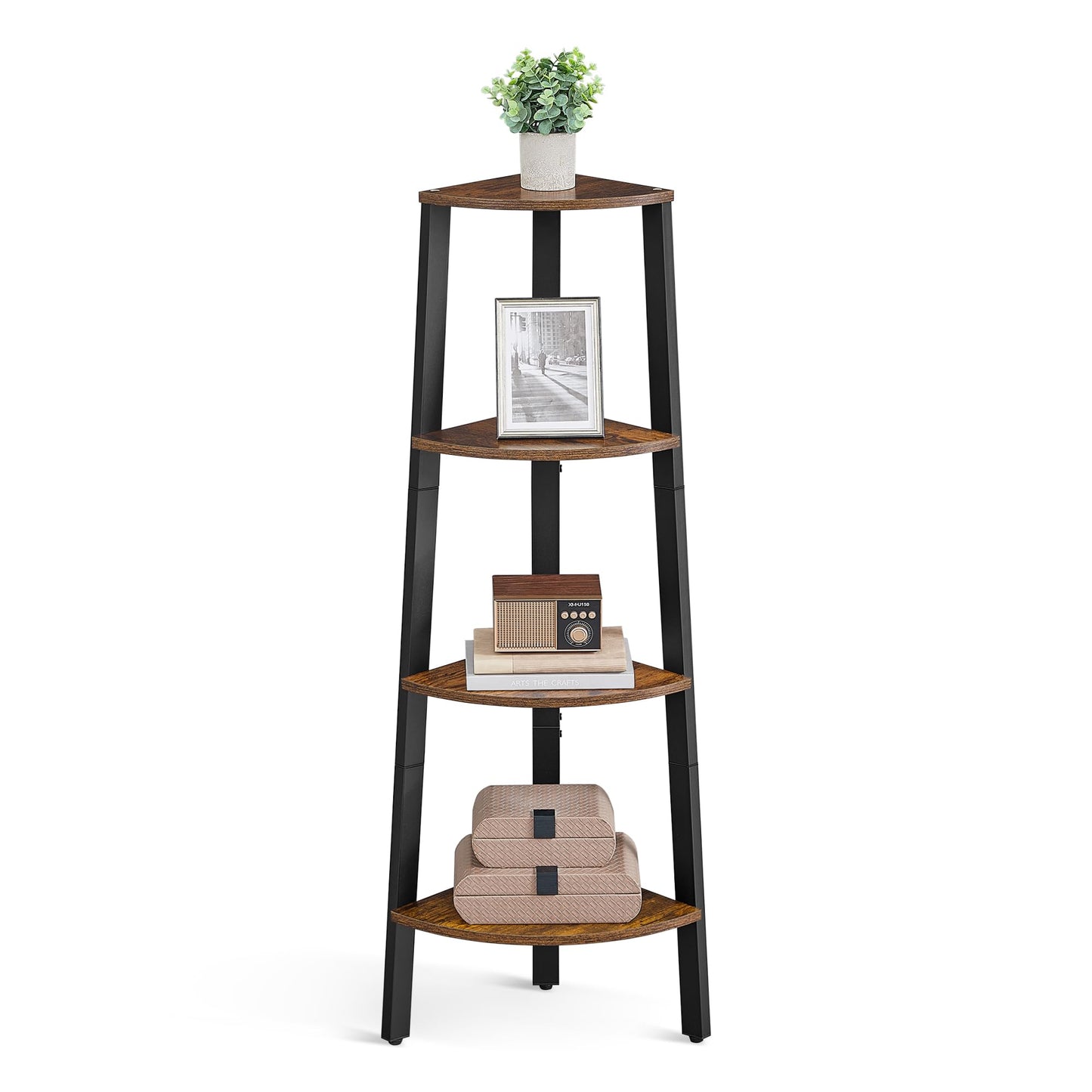 VASAGLE Corner Shelf Stand, 4-Tier Corner Bookshelf, Industrial Ladder Shelf, Plant Stand for Living Room, Office, Kitchen, Rustic Brown and Matte Black ULLS34X