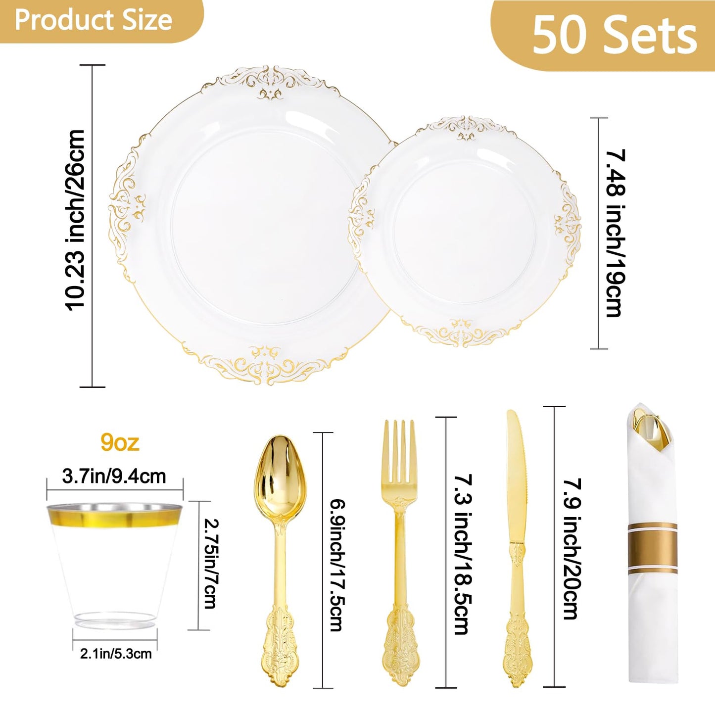 350 Piece Dinnerware Set for Wedding & Party,50 Guest RimPlastic Plates,50 Plastic Silverware,50 Cups,50 Linen Like Napkins (Clear Gold)