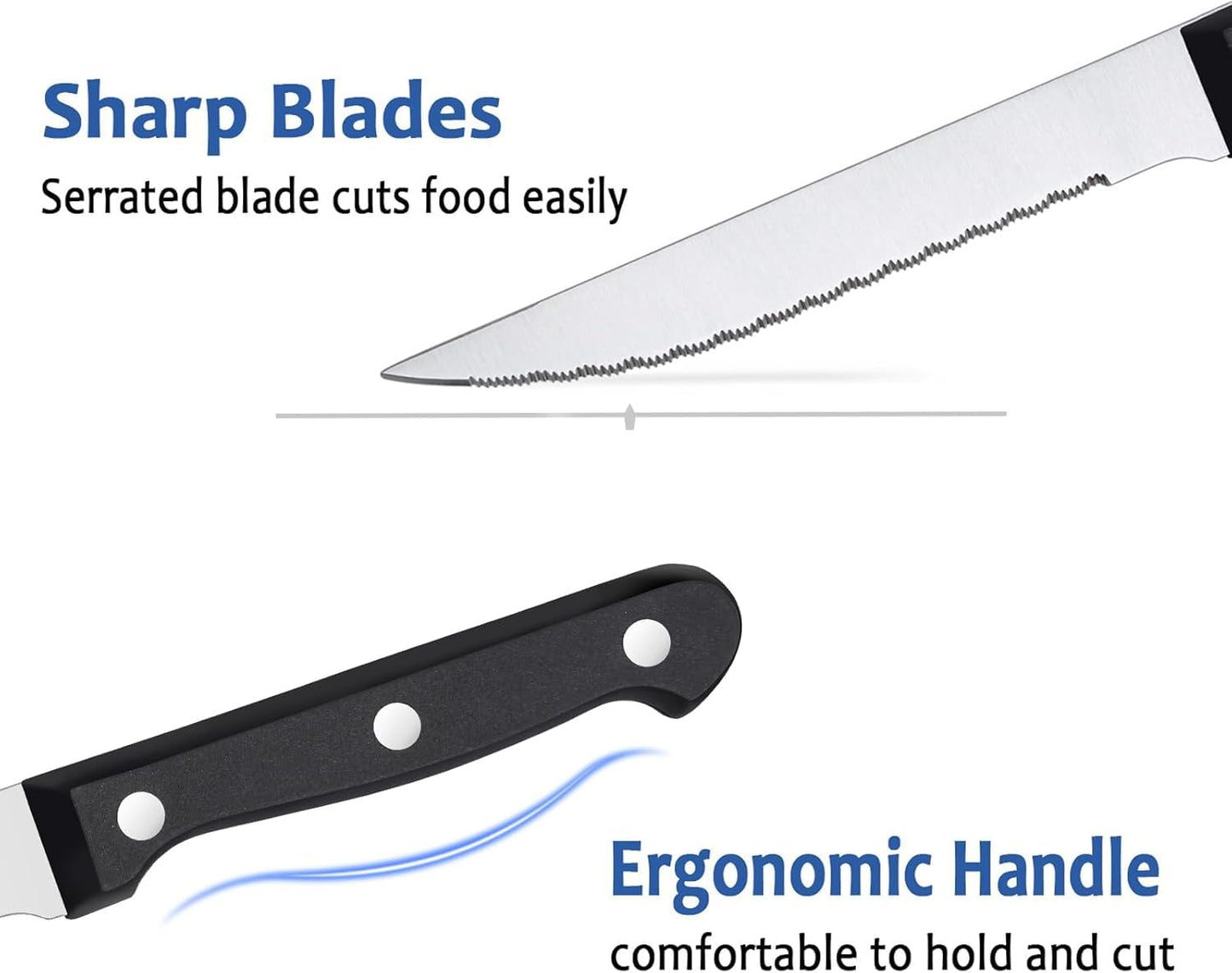 BEWOS Steak Knives Set of 16, Triple Rivet Steak Knife Set, Stainless Steel Serrated Blade(4.5”), Sharp Knives with Comfortable Handle, kitchen knife, Dishwasher Safe, Knife Set For Home or Restaurant