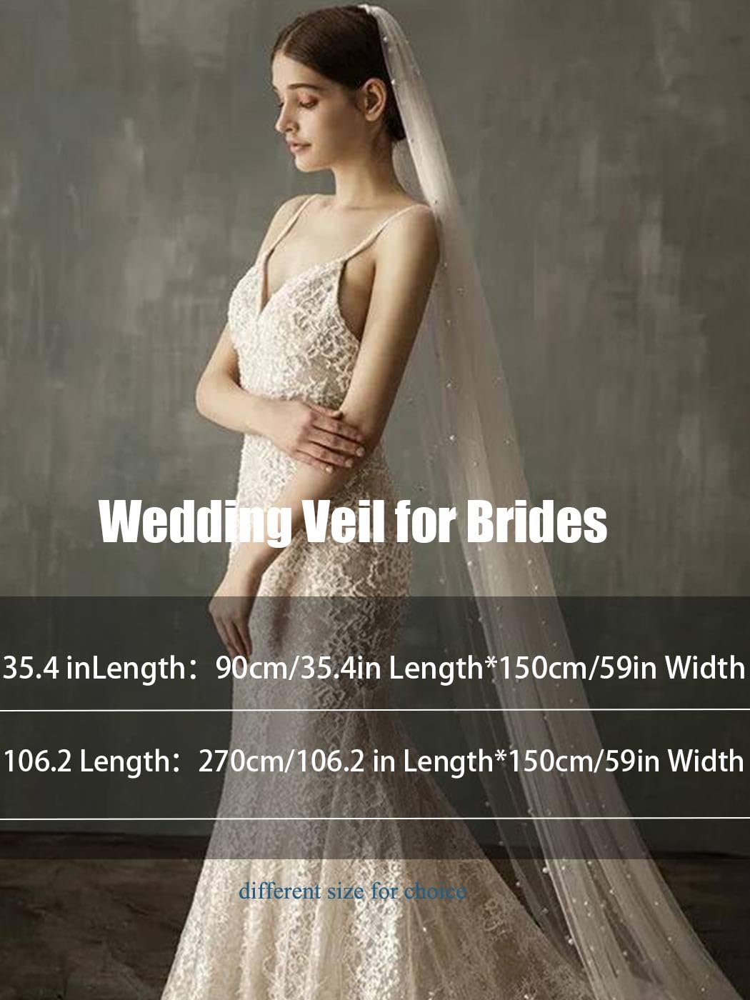 HEREAD Pearl Bride Wedding Veil White Fingertip Cathedral Bridal Tulle Veils Hair Accessories with Comb and Cut Edge, White, 106.2" Length