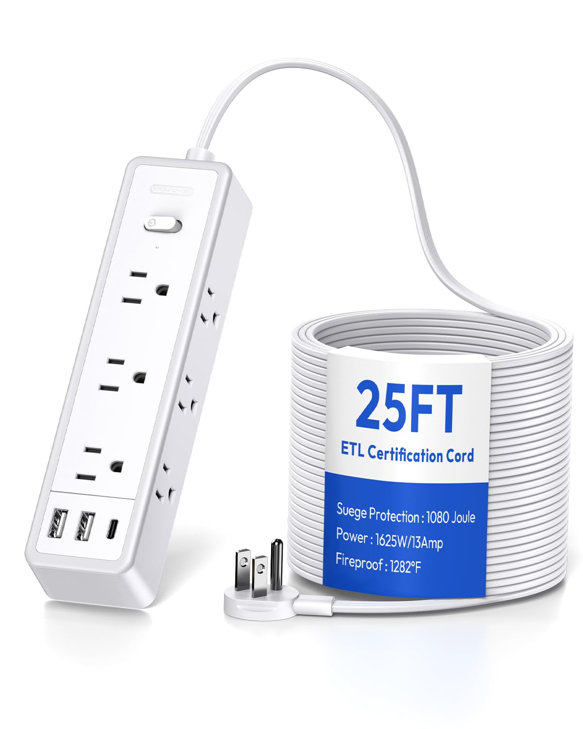 Flat Extension Cord 25 FT-NTONPOWER Surge Protector Power Bar with 9 Widely Outlets 3 USB (1 USB C), 1080J,Long Extension Cord with Multiple Outlets, 3 Side Extender, Mounted, for Home Office,White