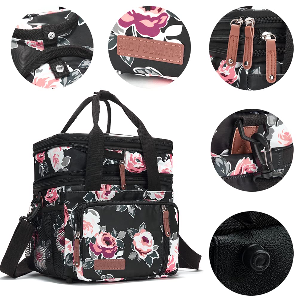 Lunch Bag Women Flower Insulated Lunch Box for Work, Expandable Large Lunch Bag, Leakproof Double Deck Lunch Box Cooler Bag with Removable Shoulder Strap（Flower）