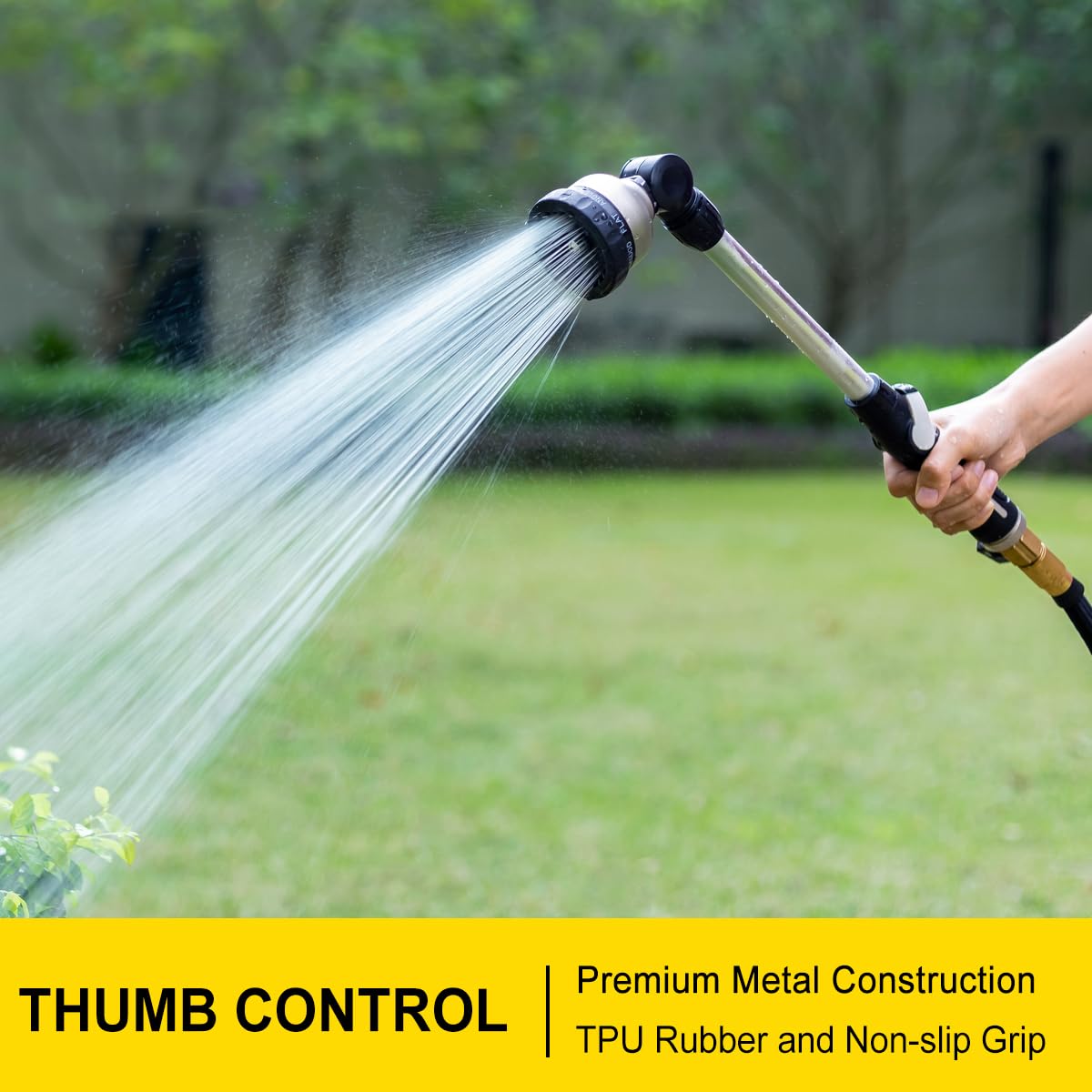 FANHAO Metal Garden Hose Wand, 16-Inch Heavy Duty Watering Wand with 9 Spray Patterns, 180° Rotating Long Garden Hose Nozzle Thumb Flow Control, Ideal to Water Hanging Baskets and Shrubs -Black