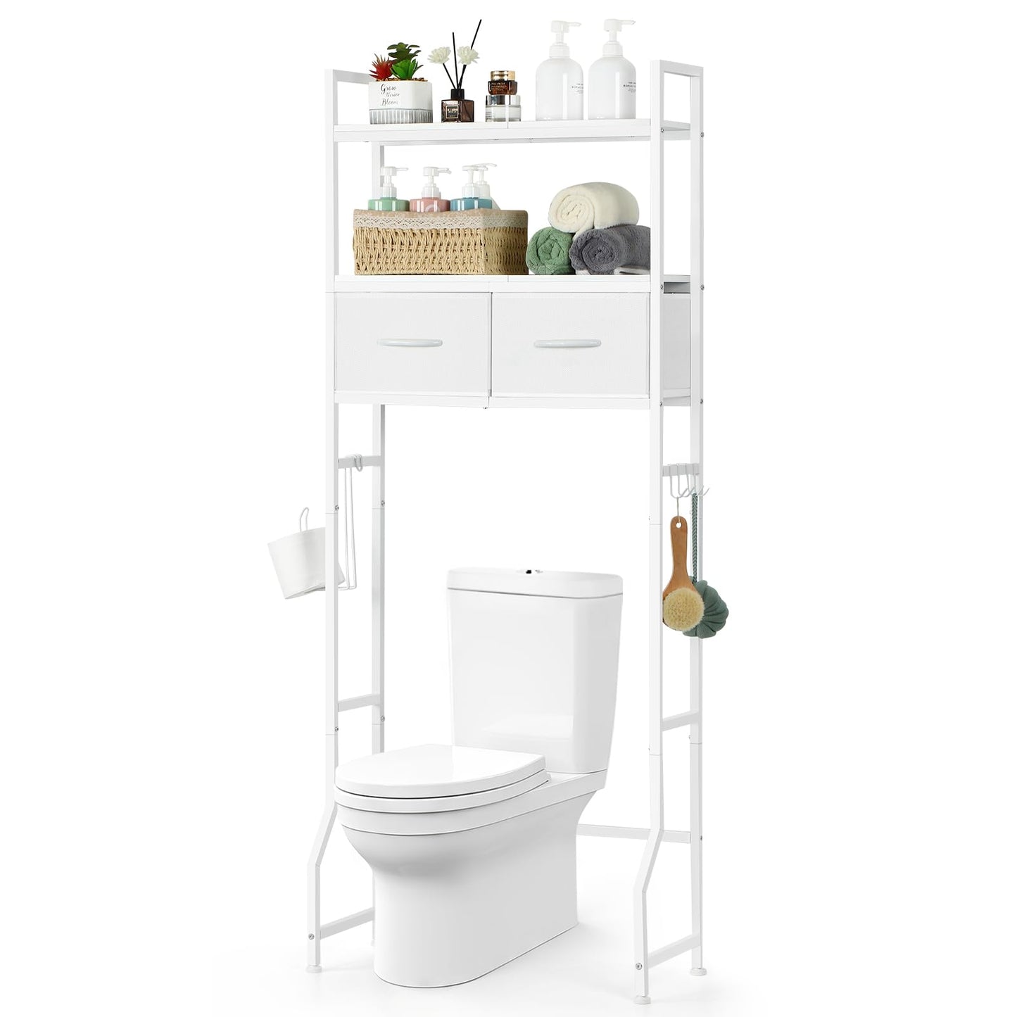 YBING Over The Toilet Storage, Over Toilet Bathroom Organizer with Drawer, Above Toilet Stand with Roll Holder and Hooks, Over Toilet Storage Shelf Cabinet, Wooden, White