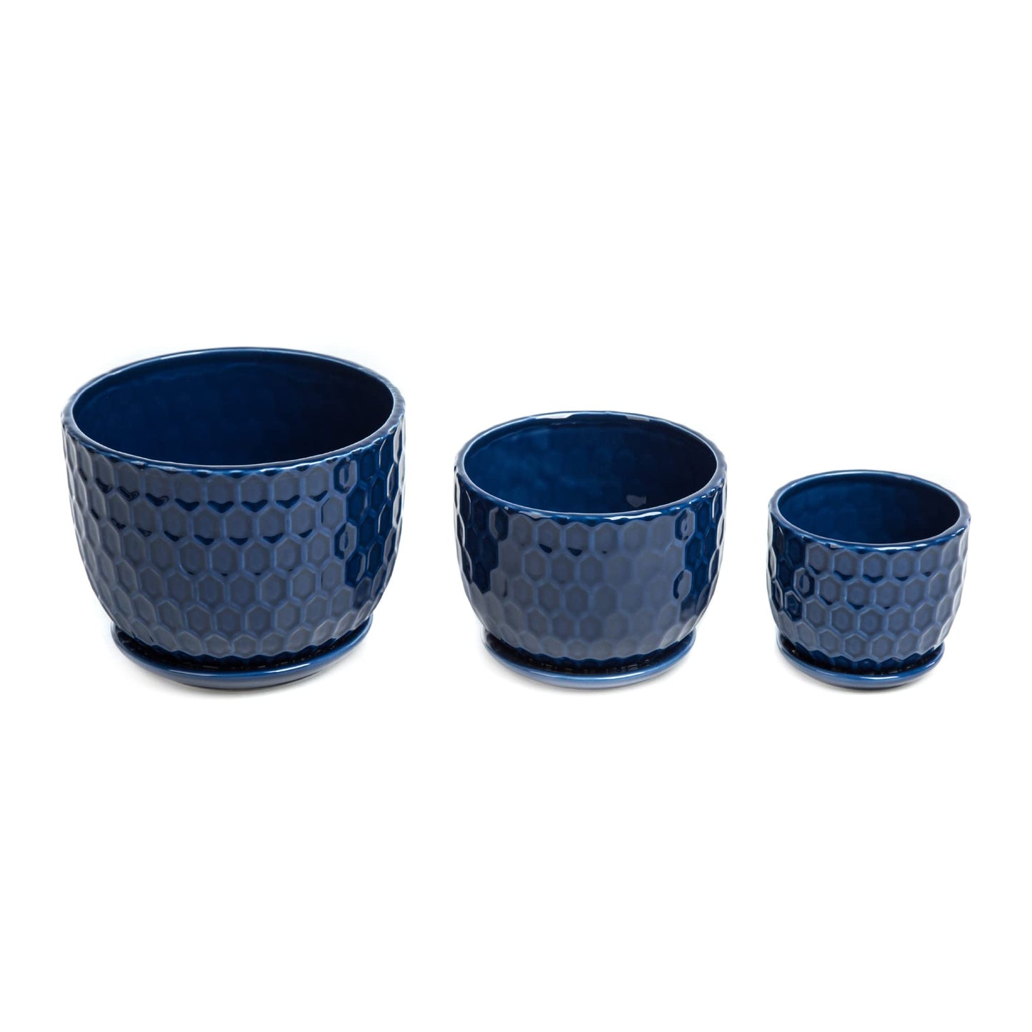 Nattol Ceramic Flower Pots with Drainage Hole and Saucer, North European Style Round Indoor Succulent Planters with Honeycomb Inspired Texture Design, Small to Medium-Sized, Set of 3, Navy Blue