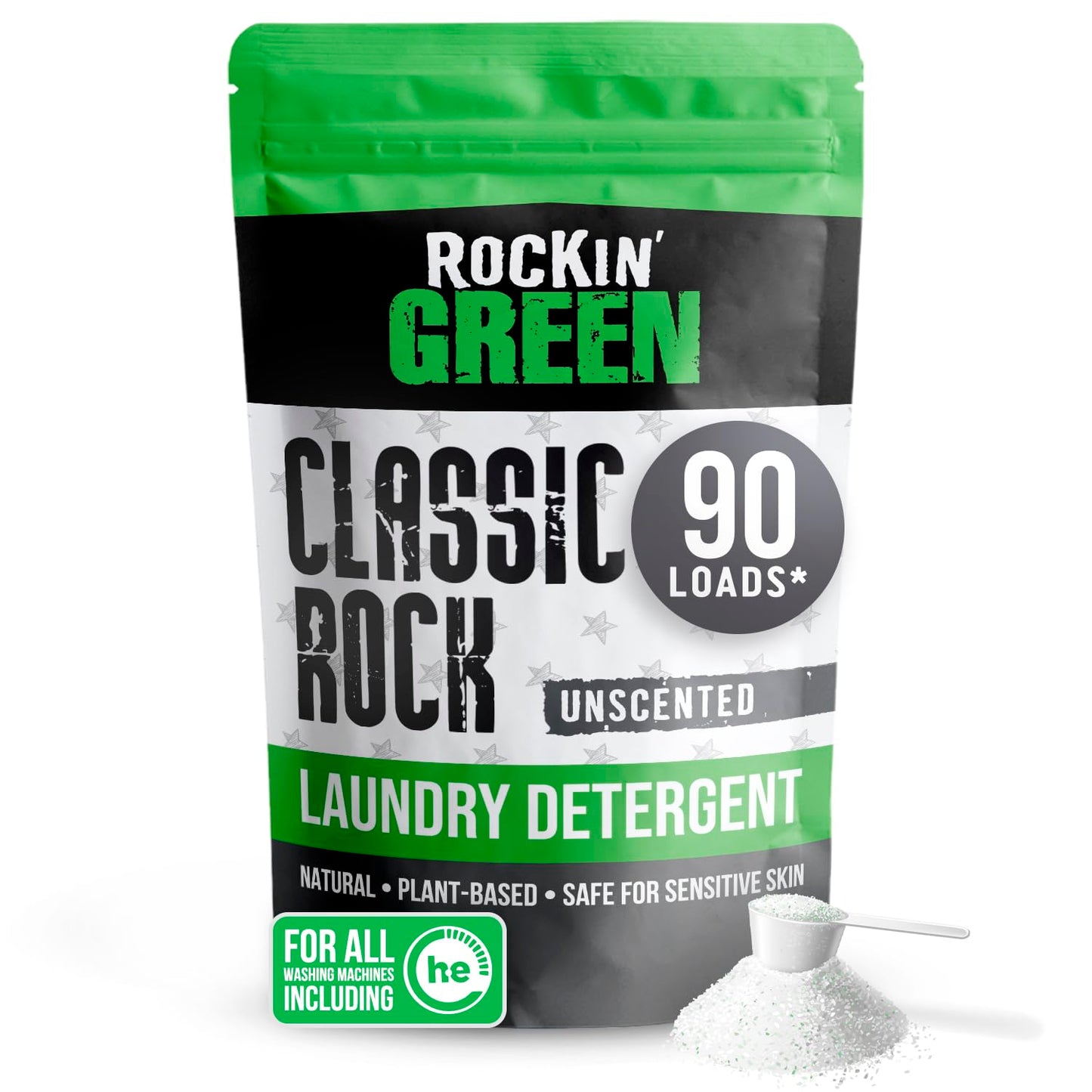Rockin’ Green Classic Rock Laundry Detergent - Unscented Laundry Detergent Powder and Odor Eliminator for Soft Water - Everyday Clothes, Towels, Linens - Safe for Sensitive Skin - 90 Loads