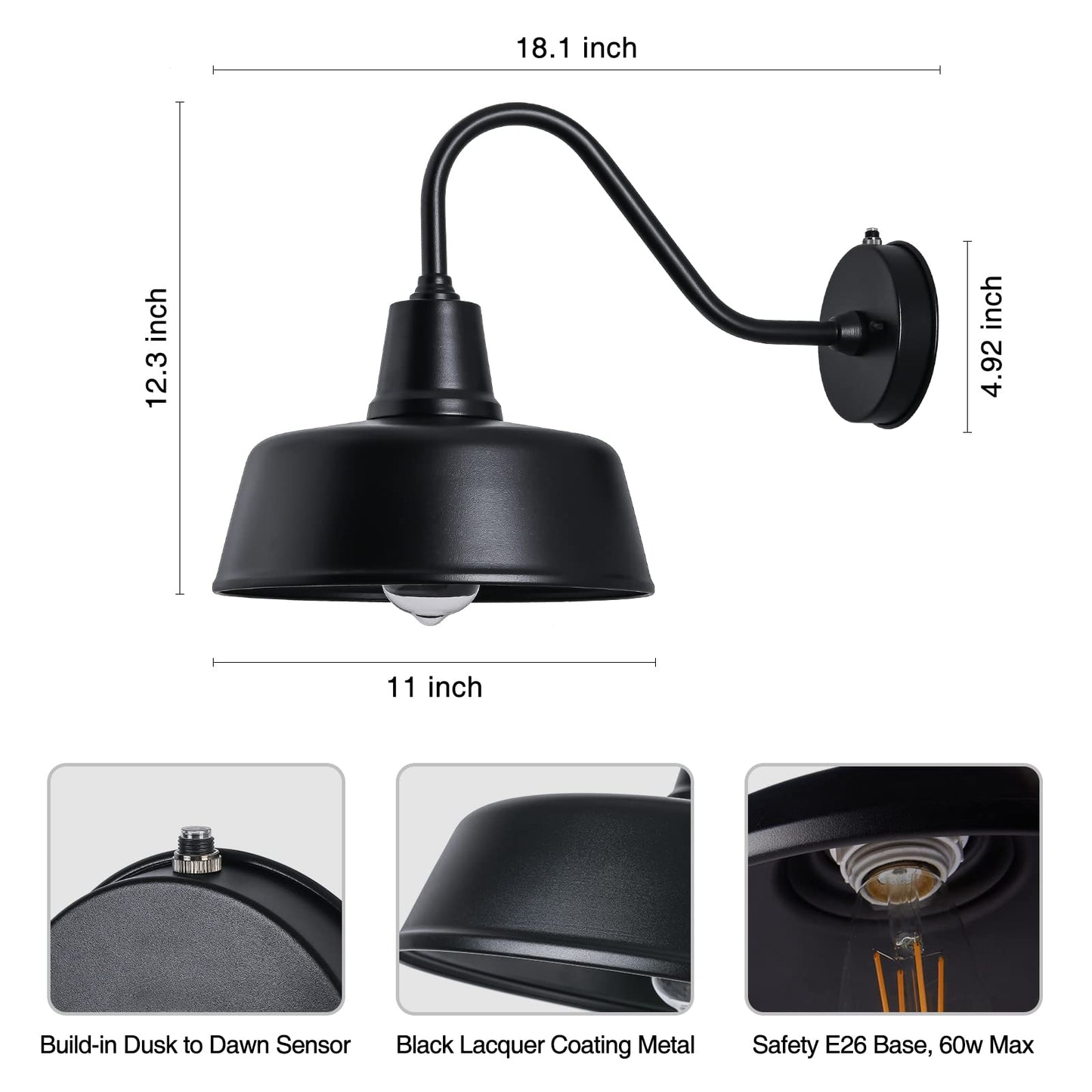Naurham Barn Lights Outdoor Gooseneck Lighting, Dusk to Dawn Black Exterior Barn Lights for House, Farmhouse Wall Lighting Fixtures with Sensor for Porch Garage (1, 11" Diameter)