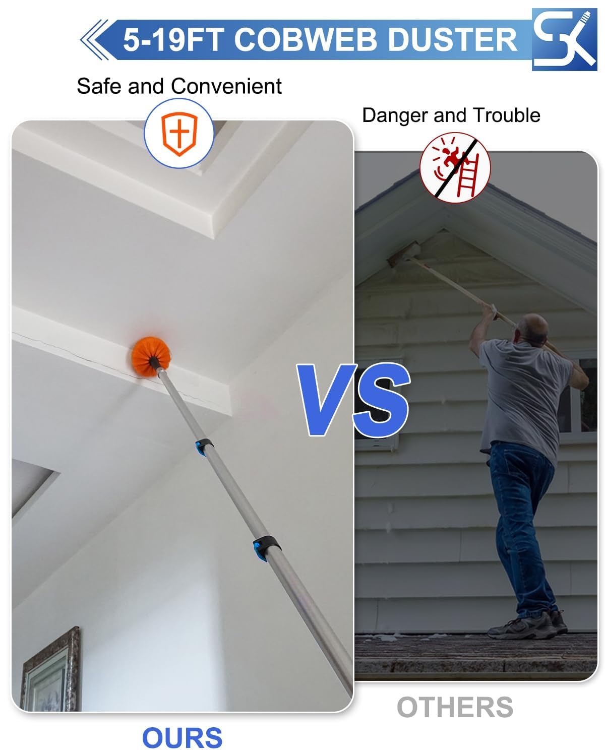 SKGPOLE 5-20 Foot Cobweb Duster with Telescopic Extension Pole, 26 Foot High Reach Aluminium Heavy Duty Sturdy Telescoping Pole, Medium Stiff Bristles Spider Web Brush for Outdoor & Indoor Cleaning