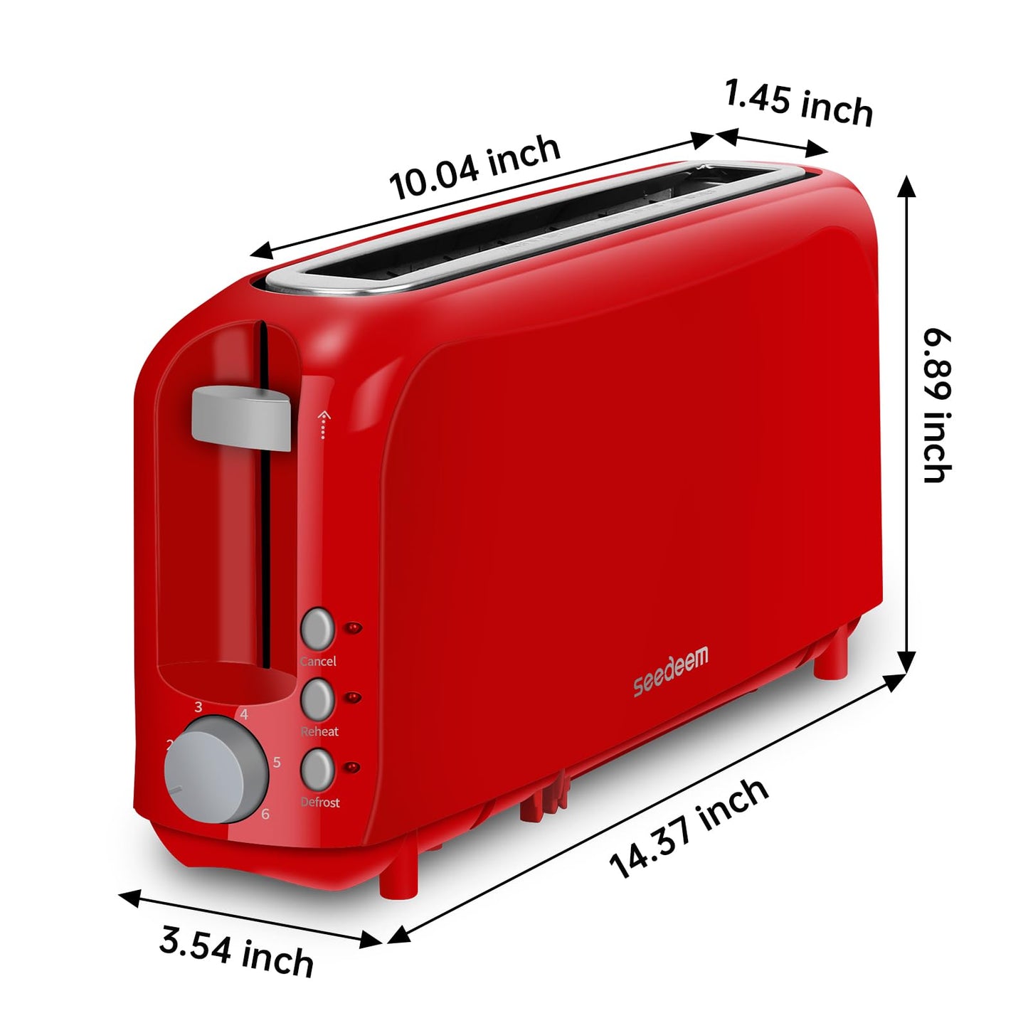 SEEDEEM 2 Slice Slim Toaster, Single 10" Long Slot Toaster Fits Bagels & Artisan Bread, 6 Shade Settings, Cancel/Reheat/Defrost, Removable Crumb Tray, Auto Shut-Off, Red