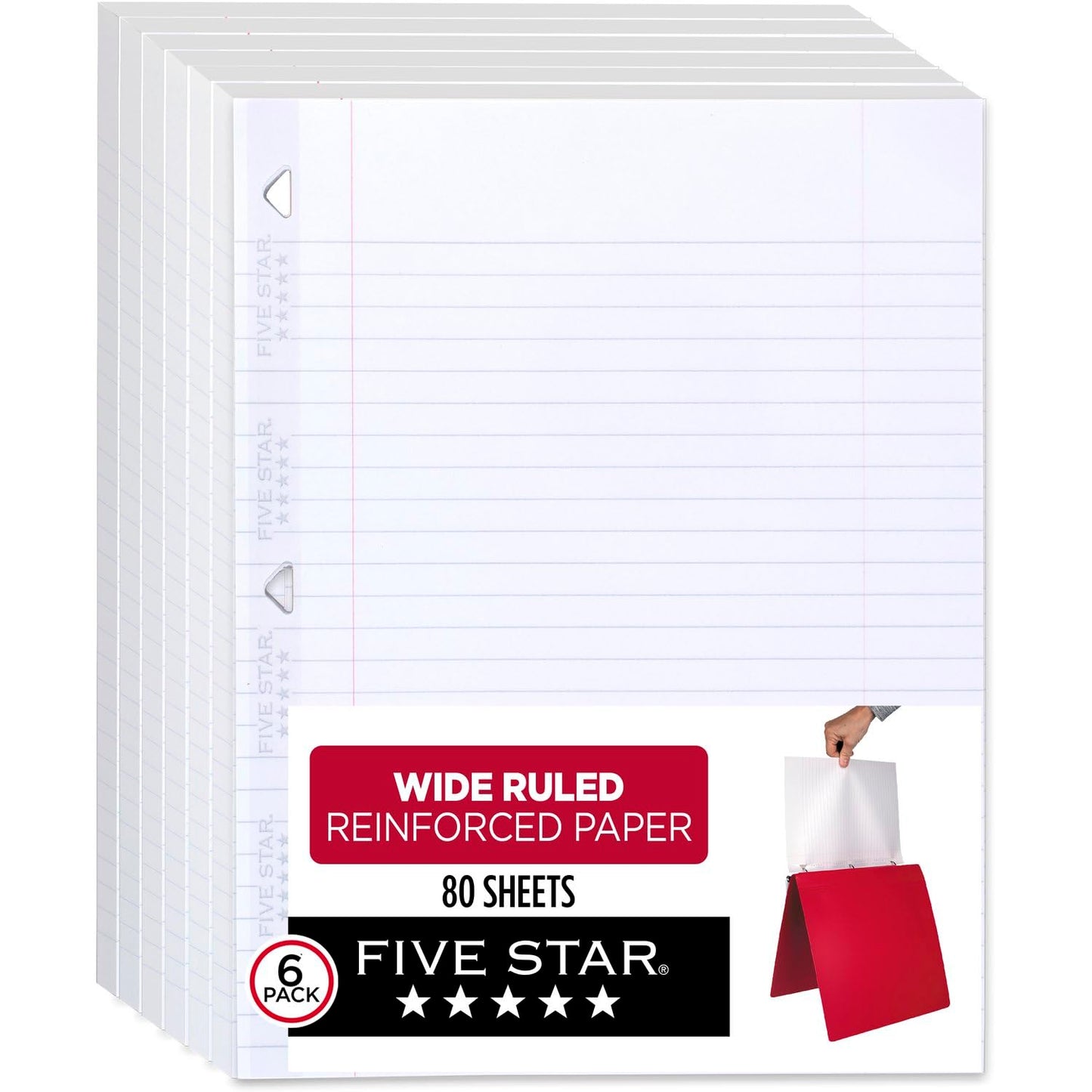 Five Star Loose Leaf Paper, 6 Pack, Notebook Paper, Wide Ruled Filler Paper, Reinforced, Fights Ink Bleed, 8 x 10.5, 80 Sheets per Pack (150025)