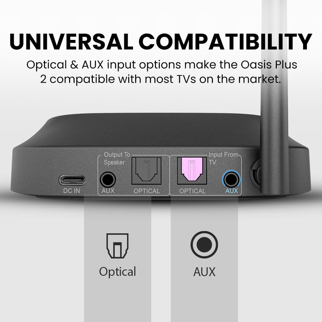 Avantree Oasis Plus 2 [Upgraded Version] - Bluetooth 5.3 Transmitter for TV with Remote Volume Control, aptX-Adaptive, and Soundbar Passthrough, Compatible with Optical or AUX ported TVs
