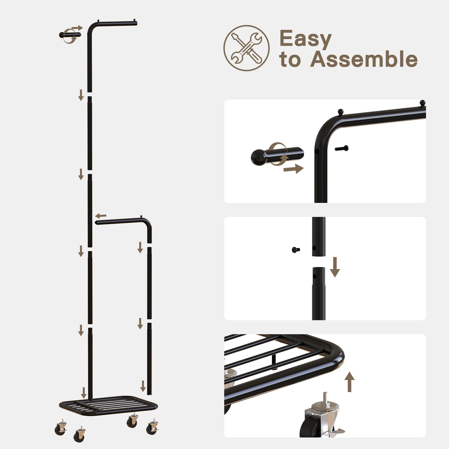 Gasvadivum Small Clothes Rack with Wheels, 71" Portable Rolling Clothing Rack with Bottom Metal Shelf, Garment Rack with Hanging Rod, Sturdy Freestanding Coat Rack for Bedroom, Entryway, Black