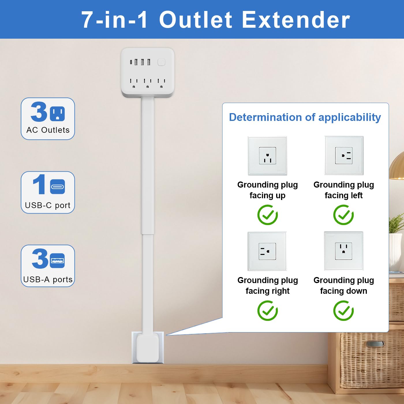 Electrical Outlet Extender Stick, 180° Rotating Surge Protector Power Strip, Featured 3 AC and 4 USB Ports, Multi Plug Wall Outlet Splitter | Ideal for Behind Couches, Nightstands, Desks | White