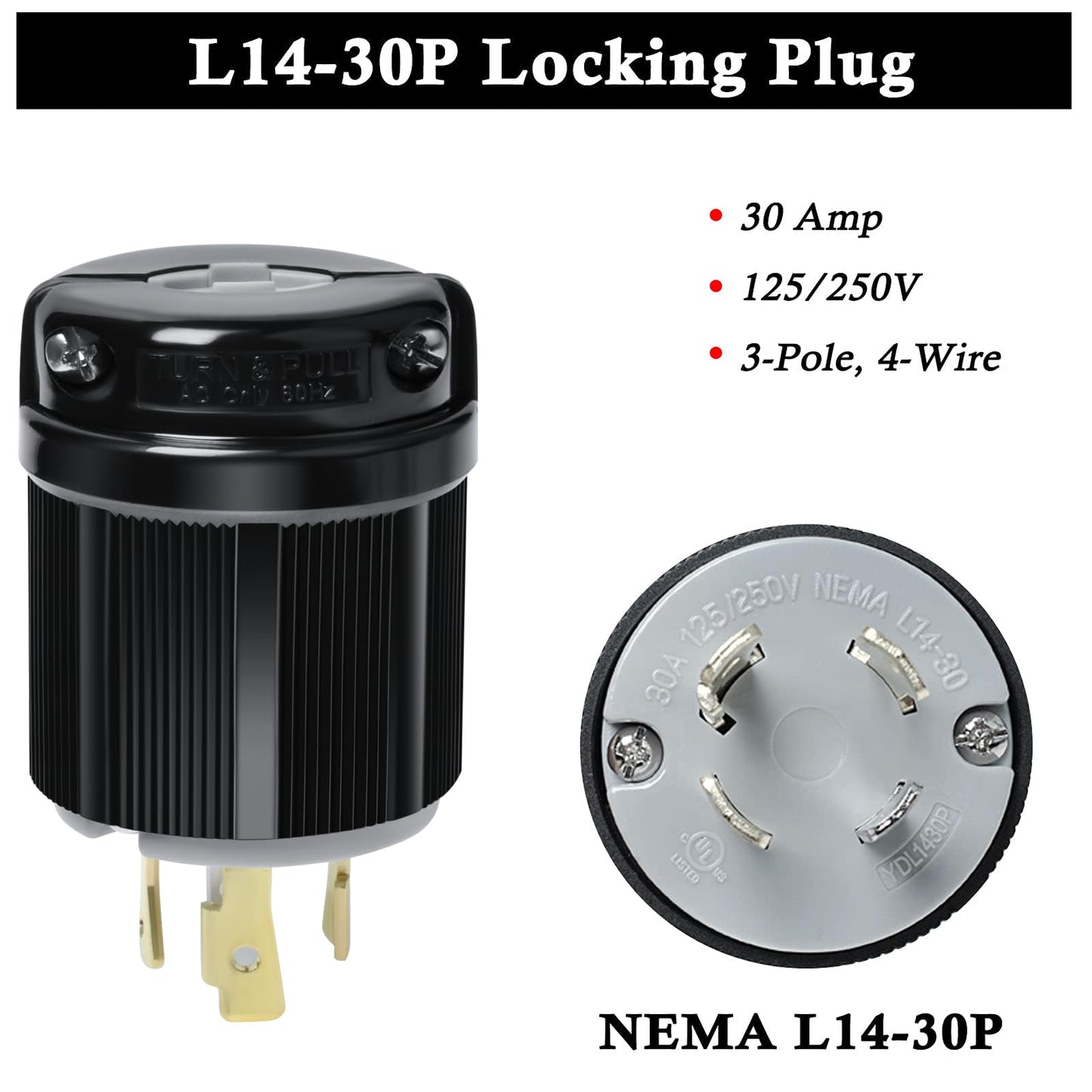 Wadoy L14-30 L14-30R Locking Connector and L14-30P Female Plug Set, 30 Amp, 125/250V, 3 Pole 4 Wire, 7500W Generator Twist Locking Plug Connector