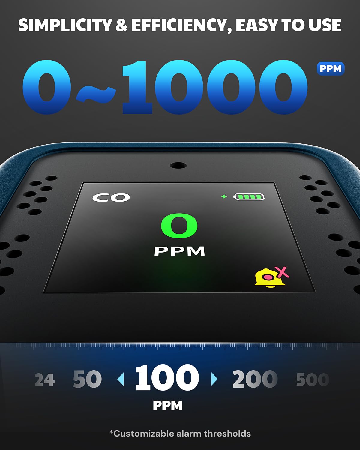 AEGTEST AGT-2309 Portable Carbon Monoxide Detector, 15-Day Standby, Rechargeable Mini CO Monitor with Lanyard for Travel & Camping, Handheld CO Meter with Audible & Visual Alerts, 0-1000ppm - Blue