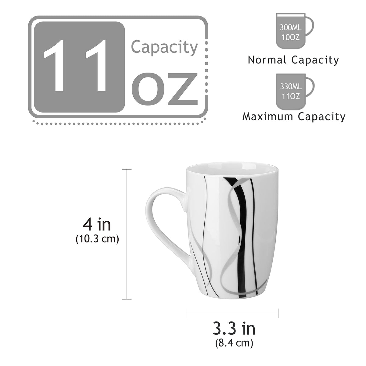 VEWEET Ceramic Coffee Mugs Set of 6, 11 OZ Coffee Mugs with Handle, White Mugs Set Porcelain Tea Mugs Set, Microwave Dishwasher Safe, Series Fiona