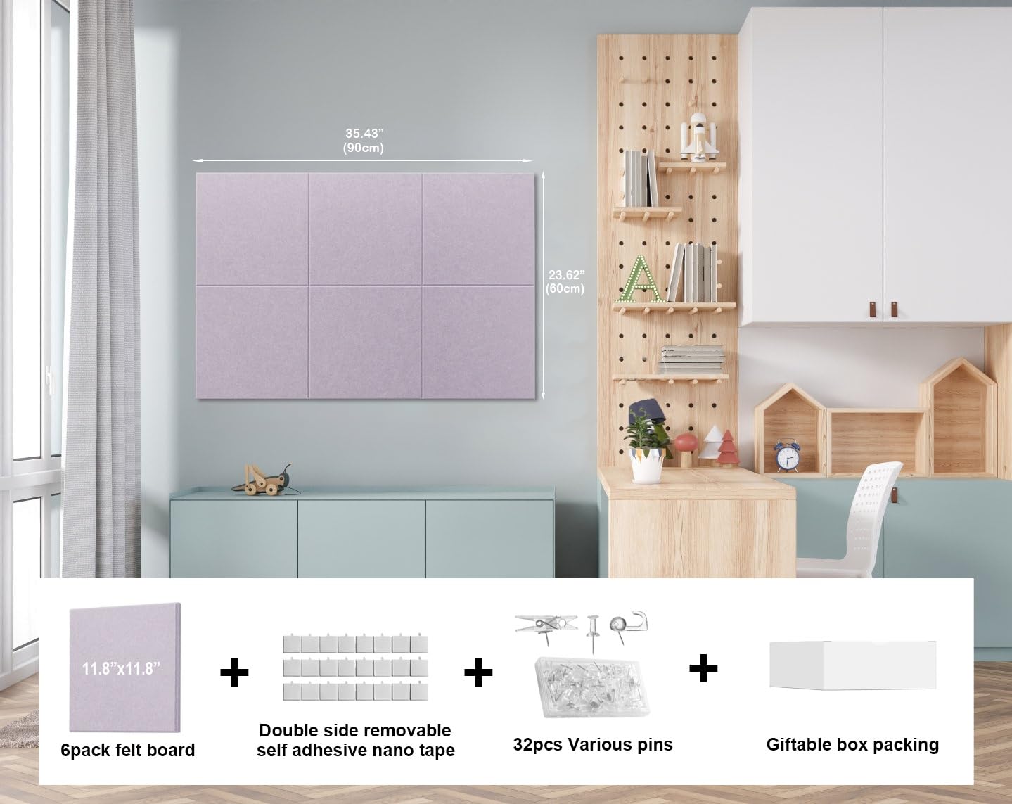 G Gamit Felt Wall Tiles Bulletin Board Large Cork Board Alternative 6 Pack 11.81”x11.81”x0.47” Felt Pin Board Tack Board with Safe Removable Adhesive Tabs for Home Office School 36x24 (Light Purple)