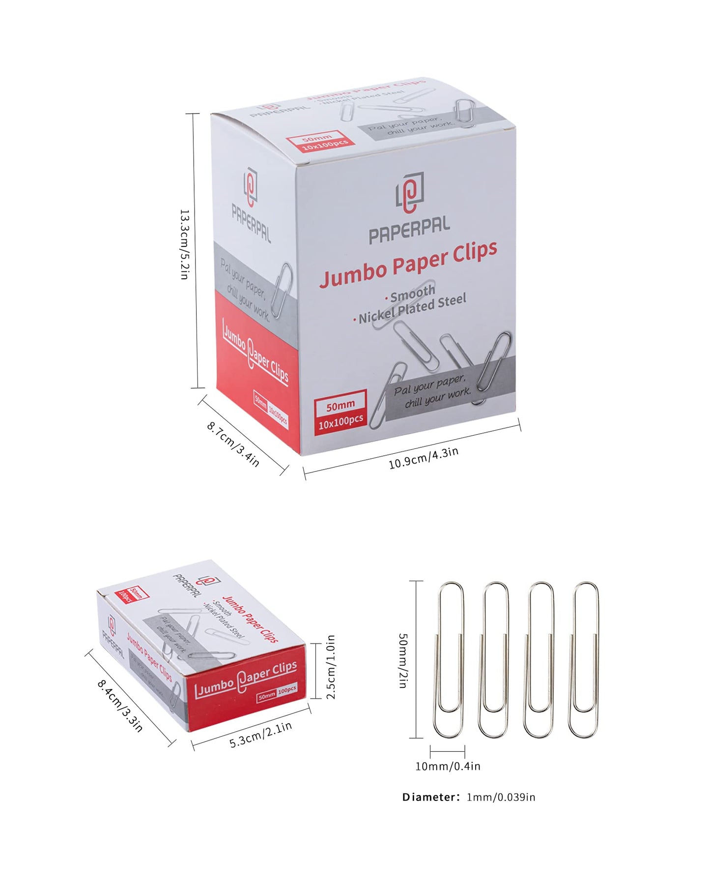 PAPERPAL Jumbo Paper Clips Smooth, 1000 Large Paperclips (10 Boxes of 100 Each), Bulk Paperclips for Office School & Personal Use, Daily DIY, 2" Silver Paper Clips Jumbo Size