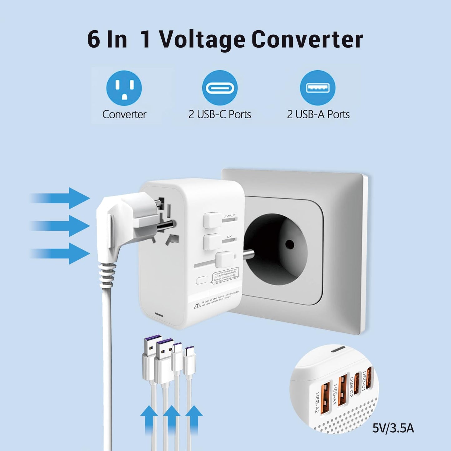 220V to 110V Converter Voltage Converter US to Europe Voltage Converter for Hair Dryer with 2 USB A and 2 USB C, European Travel Adapter Power Converter Adapter Combo from US to Italy UK AUS