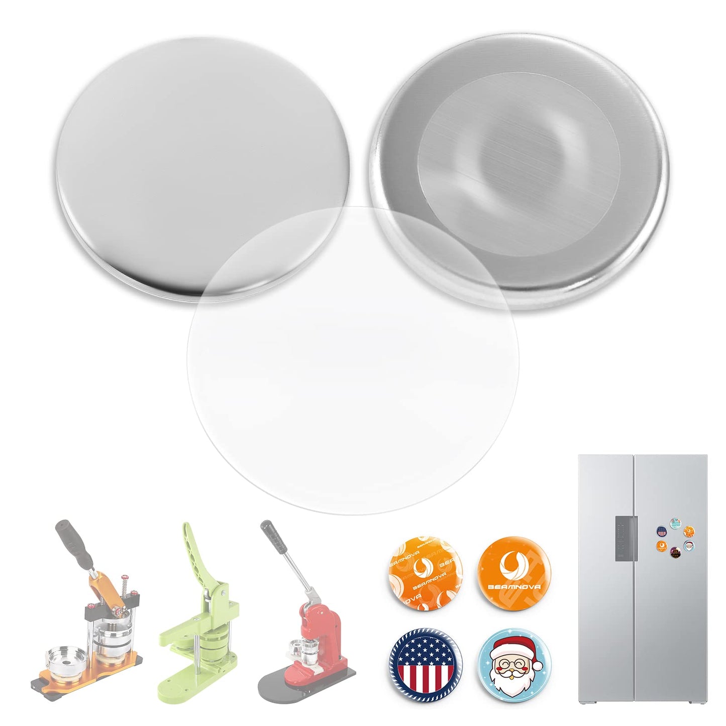 BEAMNOVA 100 Sets 58mm / 2.28 in (Approx. 2-1/4 inch) Button Magnet Supplies for Button Maker Machine, Round Metal Pin Maker Blanks, for DIY Crafts, Gifts, Market Booths (Machine NOT Included)