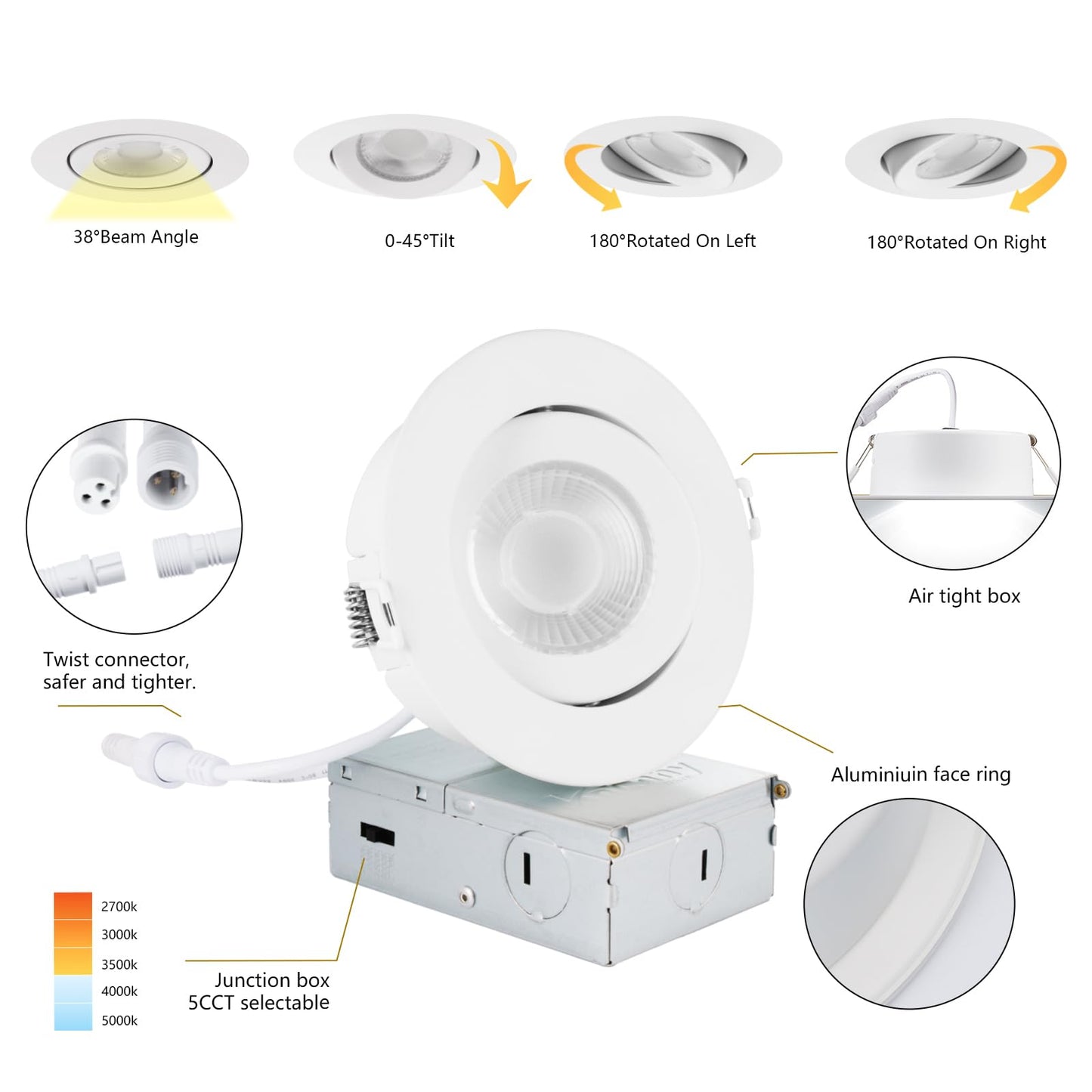 KnLnny Ware Gimbal Recessed Lighting 4 Pack, Ajustable Gimbal Recessed Ceiling Light with Junction Box,5 CCT(2700K-6500K) Selectable,9W 750LM,Dimmable,Airtight, ETL Listed