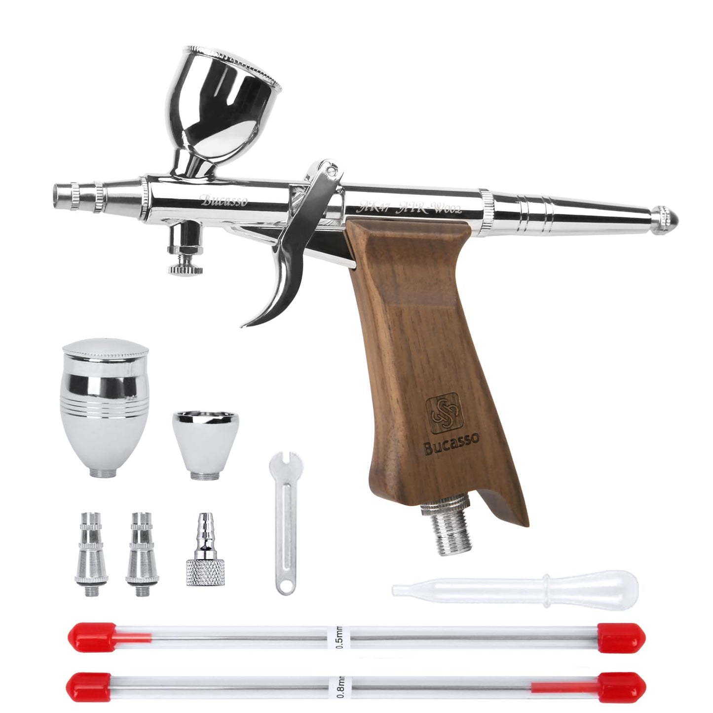 Bucasso Airbrush Kit, Air Brush Spray Gun with 0.3mm/0.5mm/0.8mm Needles/Nozzle Sets, 3cc/7cc/11cc Replaceable Fluid Cup for Painting Model Nails Cake Tattoo Makeup