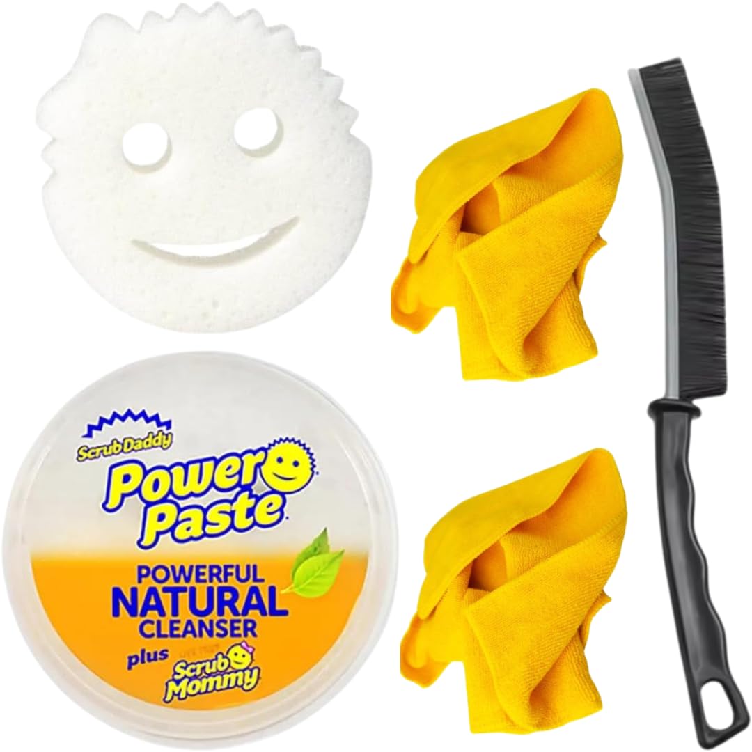 Scrub Daddy PowerPaste Cleaning Bundle Set | Natural Cleanser + Dye-Free White Scrub Mommy + 2X Microfiber Cloth & 1X Crevice Brush
