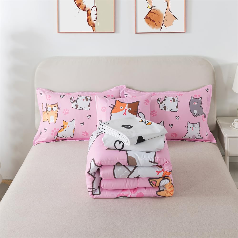 lishjekee 6 Pieces Cute Cat Comforter Twin for Girls Pink Cats Bedding Set Bed in A Bag for Kids Kawaii Pets Kitten Comforter and Sheets Set Cartoon Animal Bed Sets Home Decor