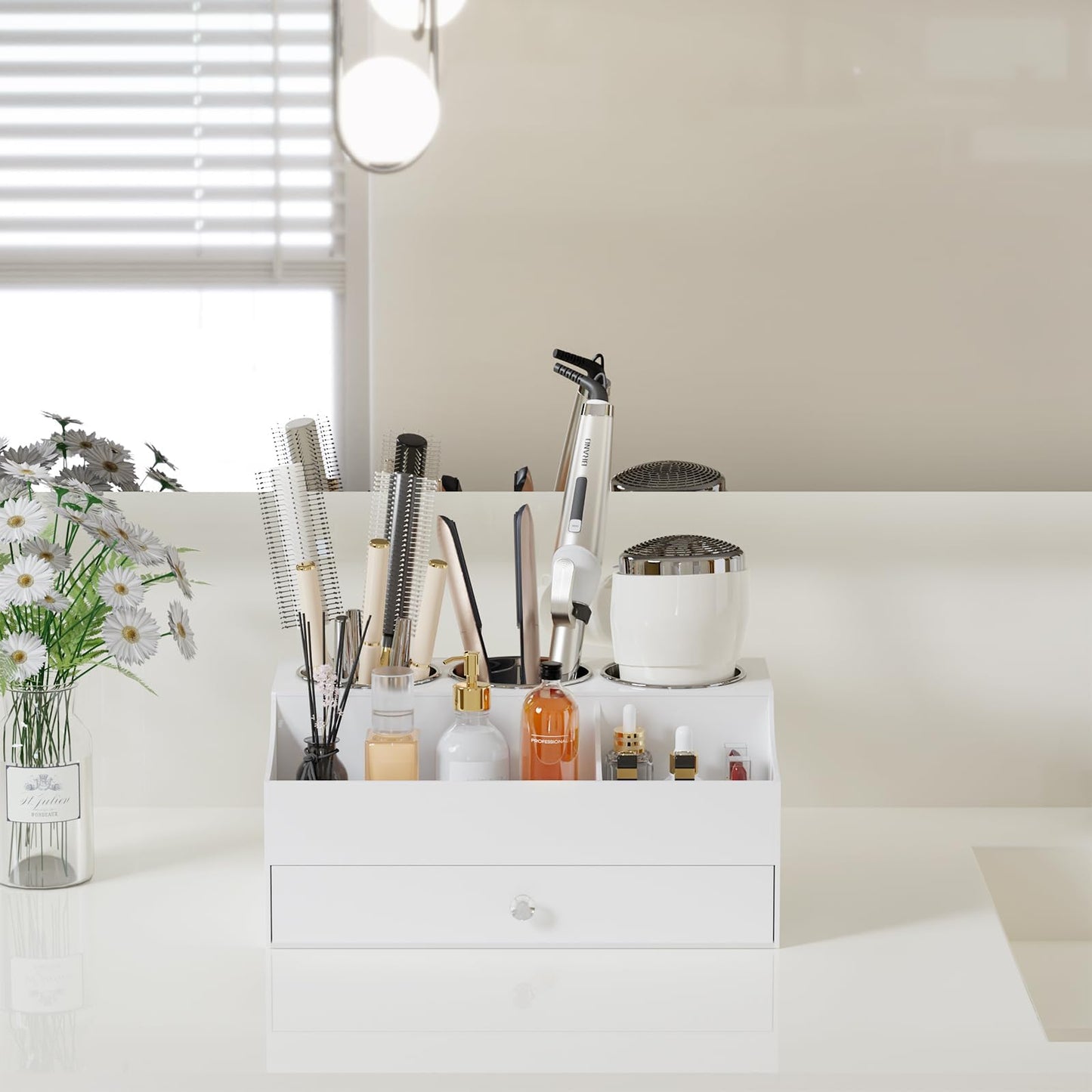 Hair Tool Organizer, Acrylic Hair Blow Dryer Holder Stand for Straightener and Curling Storage, Bathroom Vanity Countertop Organization for Makeup Accessories (White)