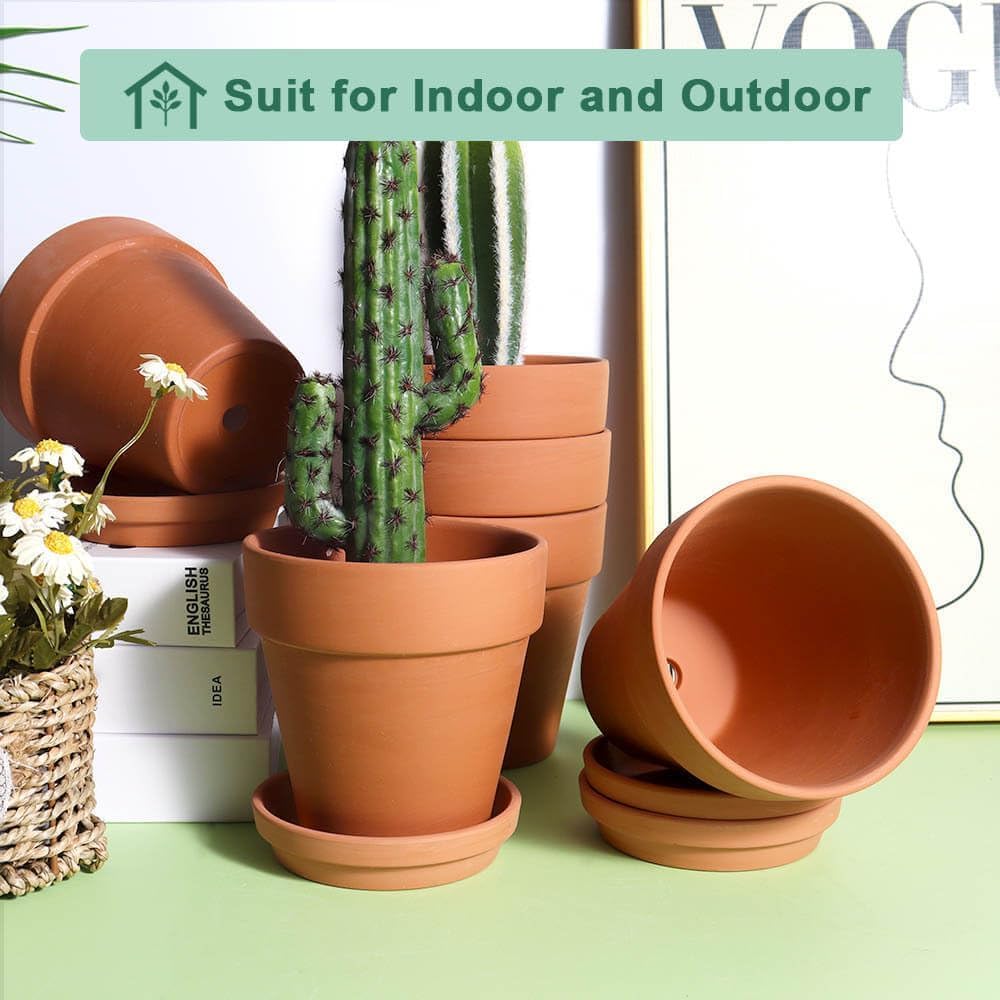 Terra Cotta Pots with Saucer - 6 Pack 5 Inch Clay Pot Ceramic Pottery Planter Cactus Flower Pots Succulent Pot Drainage Hole, Great for Plants, Crafts and Wedding Favor