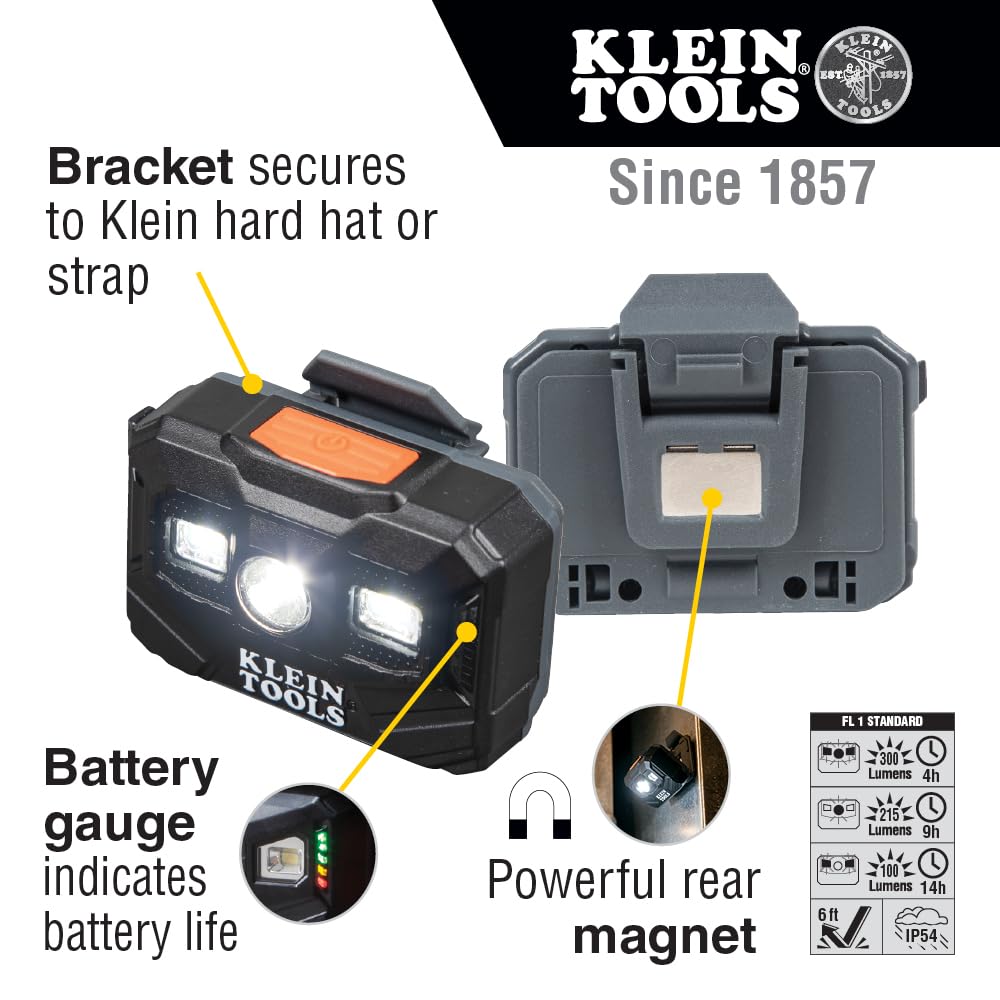 Klein Tools 56062 Rechargeable LED Headlamp/Worklight for Klein Hardhats, 300 Lumens, All-Day Runtime, 3 Modes, for Work and Outdoors