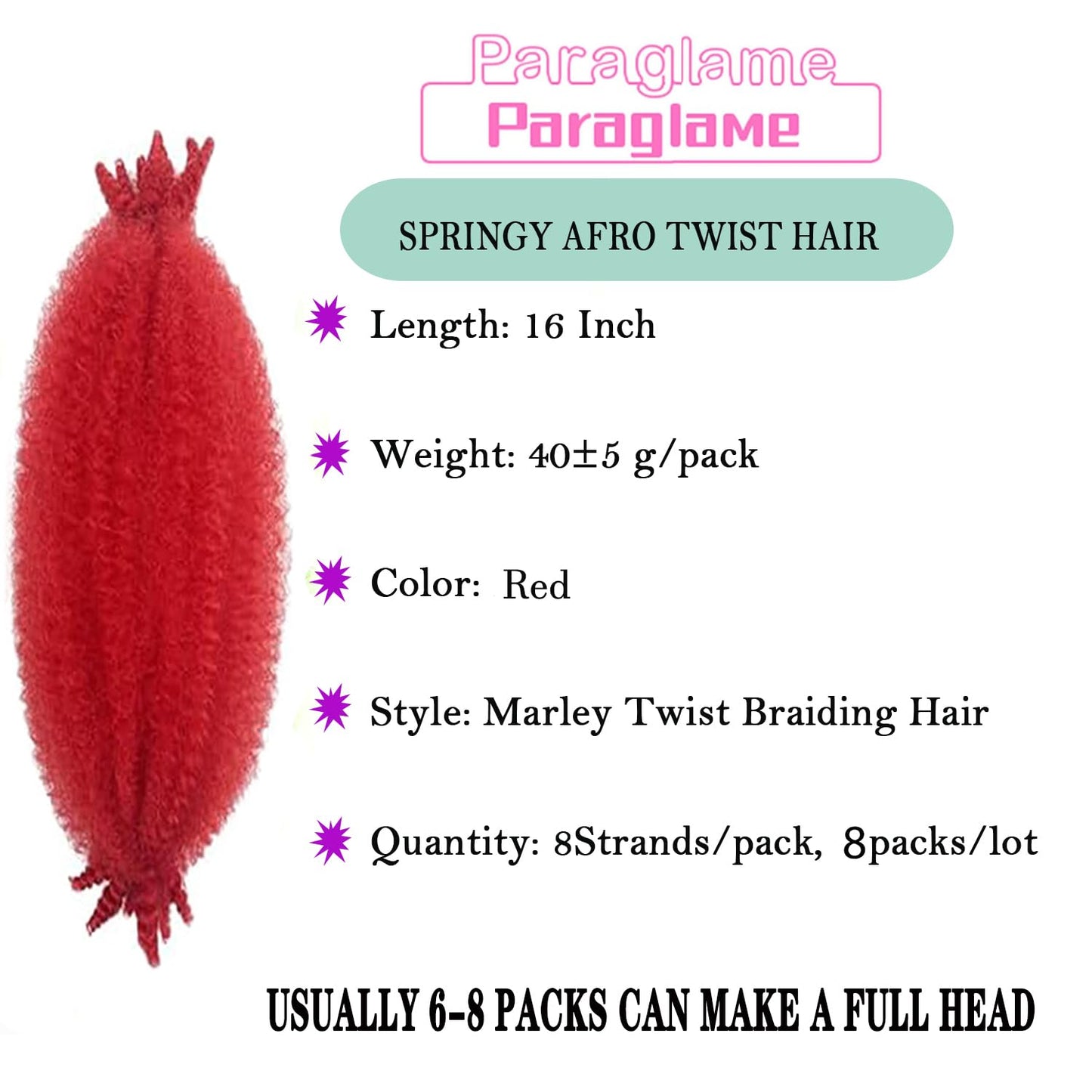 16 Inch Red Springy Afro Twist Hair 8Packs Kinky Braiding Cuban Twist Hair Pre-Separated Spring Afro Wrapping HairExtensions for Women(16Inch,Red#)