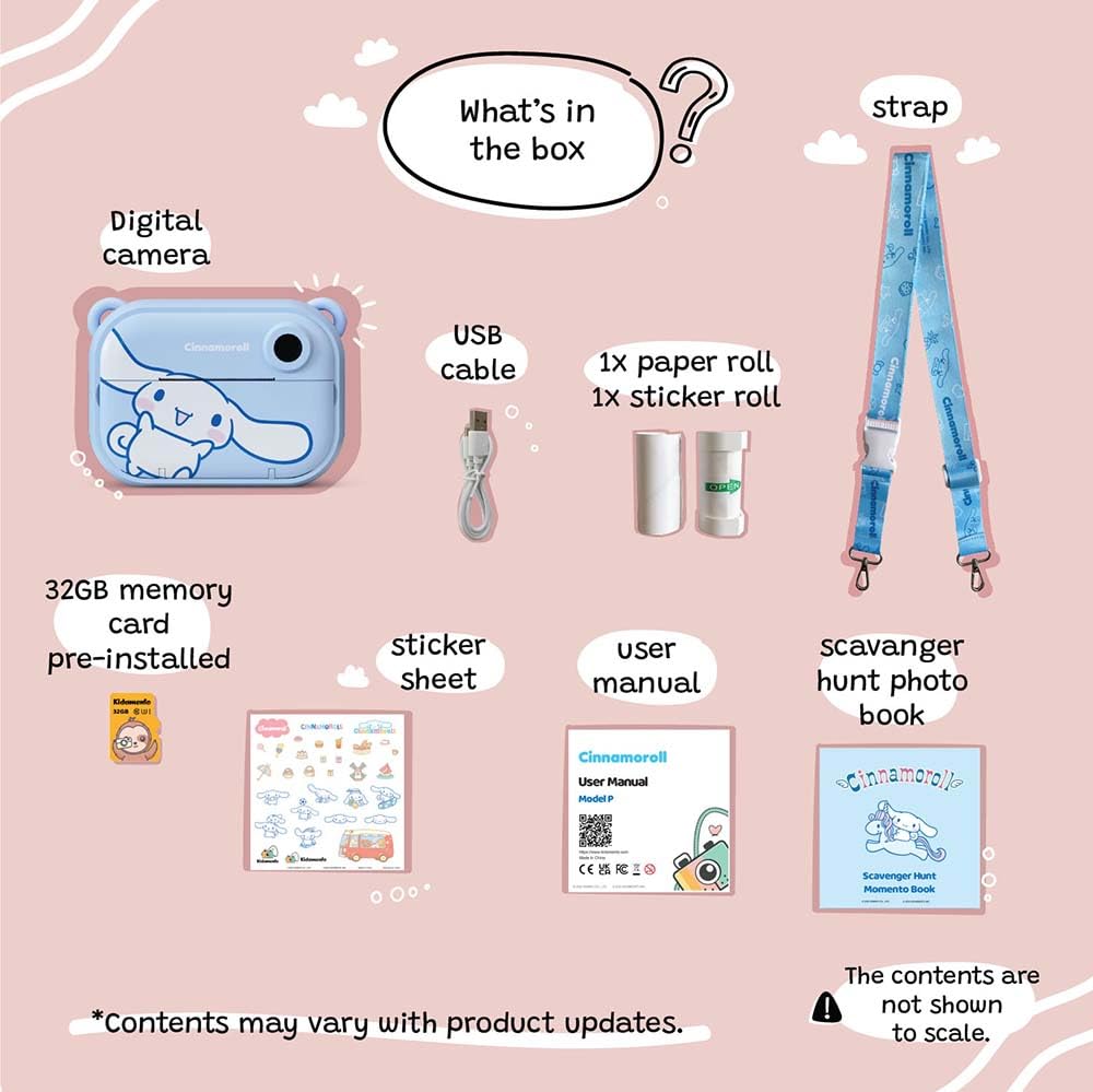 Cinnamoroll Instant Print Kids Digital Camera & Video Camcorder with Selfie Camera by Kidamento, Scavenger Hunt Momento Book, 32GB Memory Card - Model P Cinnamoroll