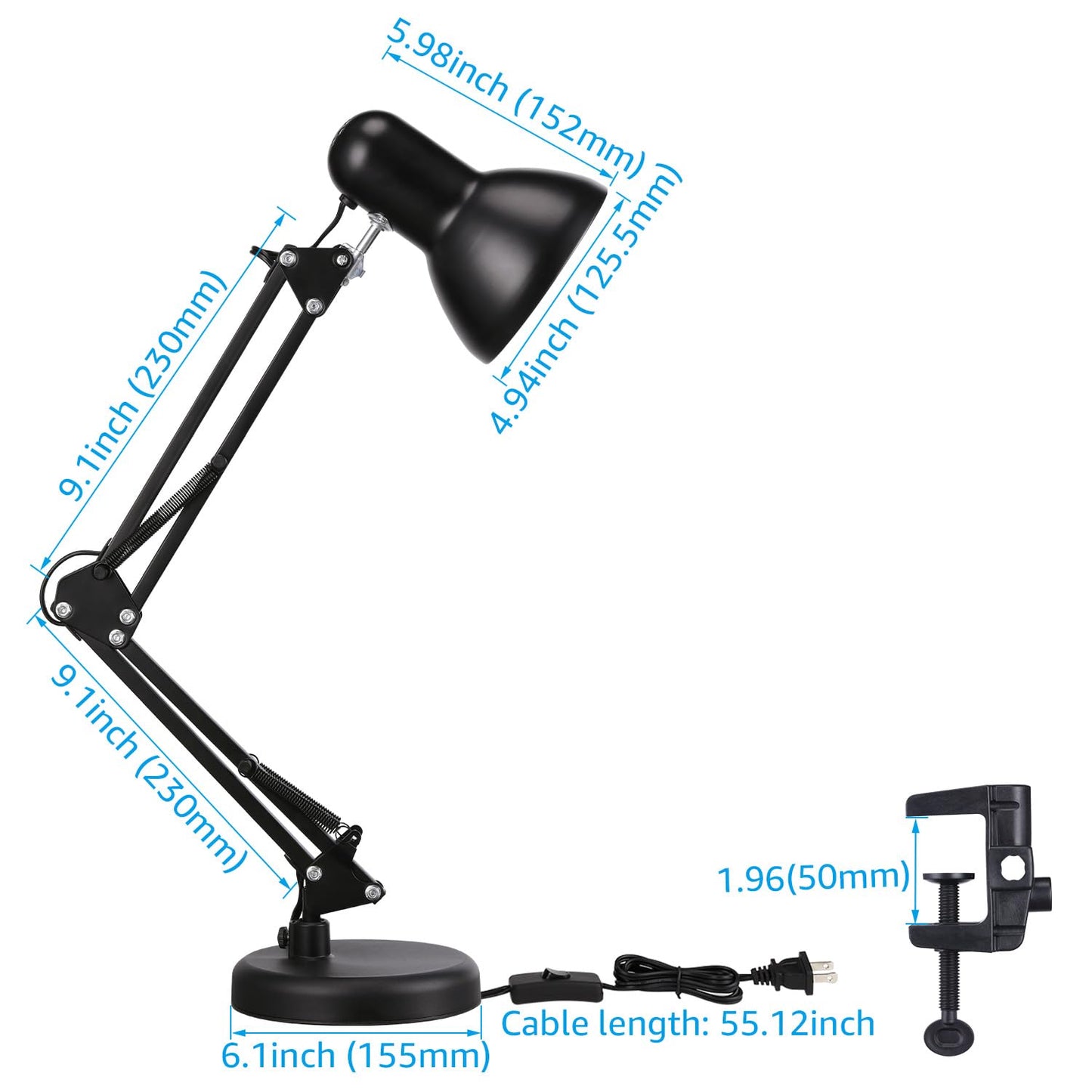 TORCHSTAR Metal Swing Arm Desk Lamp, Interchangeable Base Or Clamp, Classic Architect Clip On Table Lamp, Multi-Joint, Adjustable Arm, Black Finish (UL Plug)