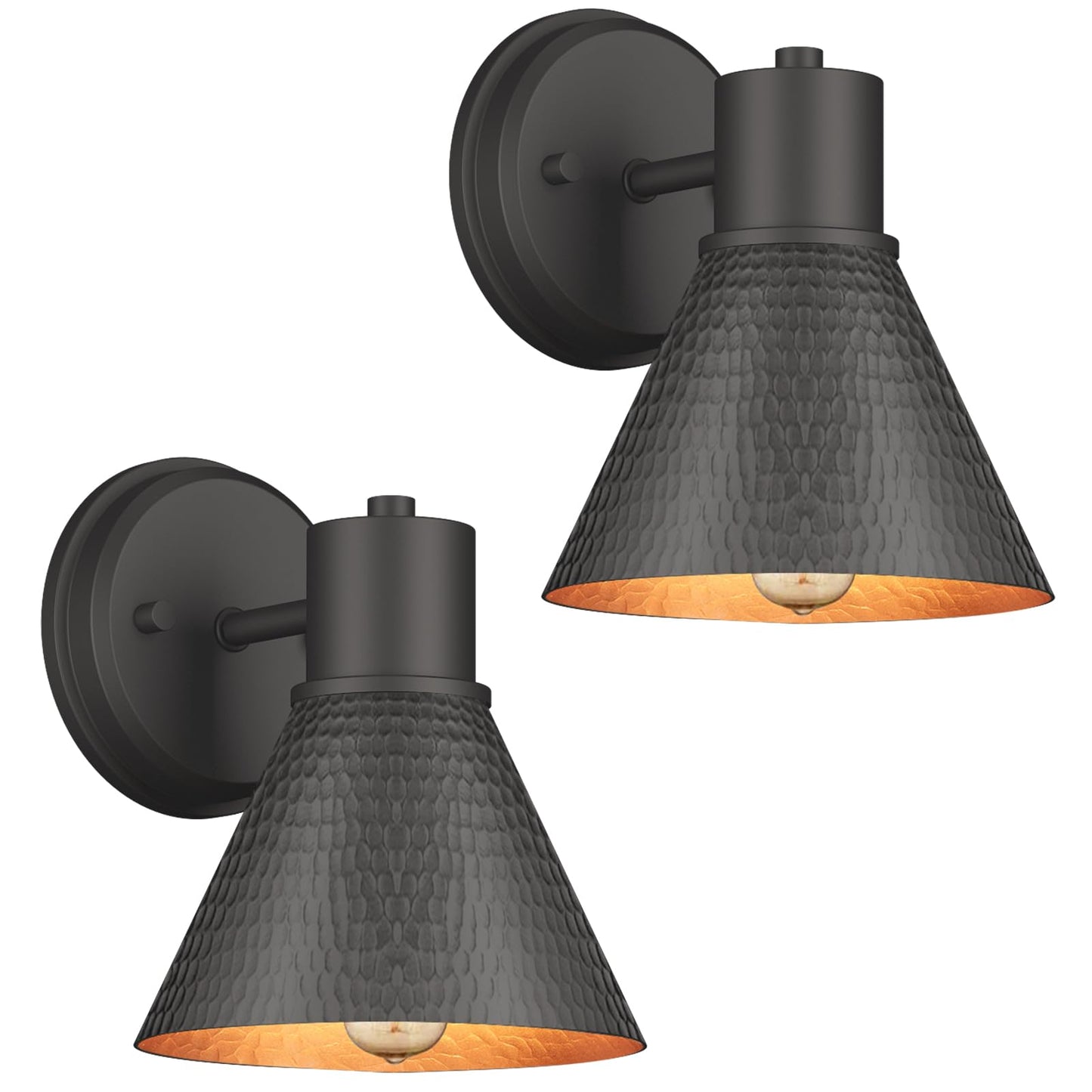 2 Pack Outdoor Wall Sconces - Wall Lights Fixture Exterior Farmhouse Porch Light with Hammered Metal Shade, Anti-Rust Waterproof Black Outside Barn Light for Front Porch Patio Garage Gazebo House