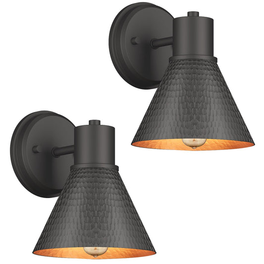 2 Pack Outdoor Wall Sconces - Wall Lights Fixture Exterior Farmhouse Porch Light with Hammered Metal Shade, Anti-Rust Waterproof Black Outside Barn Light for Front Porch Patio Garage Gazebo House