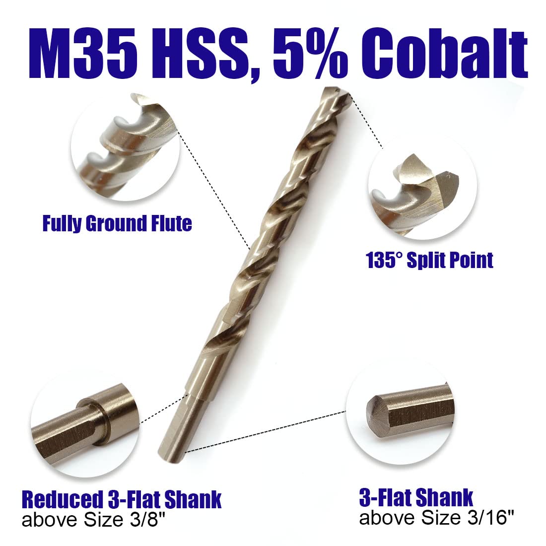 JEFE HEX 29 PCS M35 Cobalt Drill Bit Set, HSS Twist Jobber Drill Bits with 135 Degrees Split Point and Three-Flat Shank, 3/8” Reduced Shank, Gold Oxide Metal Drill Bits Set (1/16” - 1/2” x 1/64”)